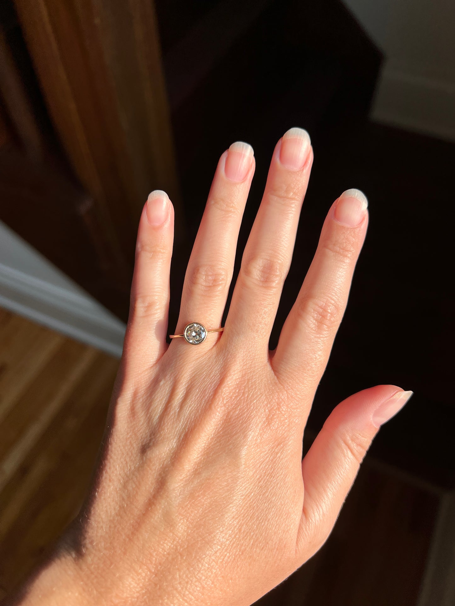 Art Deco .95 Carat Transitional Cut DIAMOND Bezel Set Ring Stacker Band French 18k Gold Solitaire