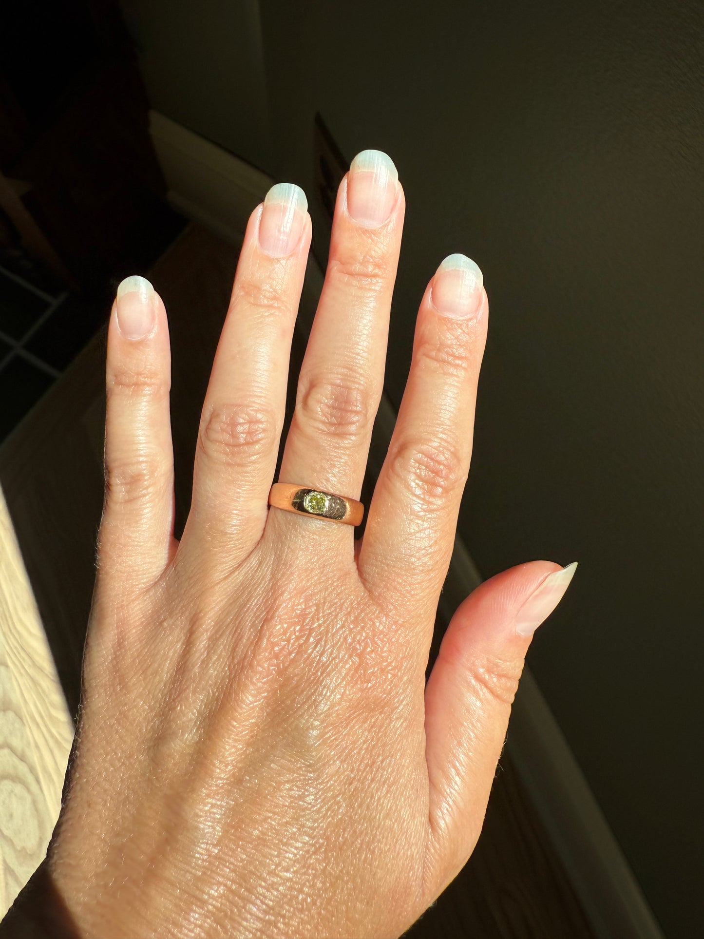 Antique Eye Clean .3 Carat Fancy Light Greenish YELLOW Old Mine Cut DIAMOND Solitaire Gypsy Ring 18k Rosy Gold Chunky Band Gift Stacker Unisex OMC