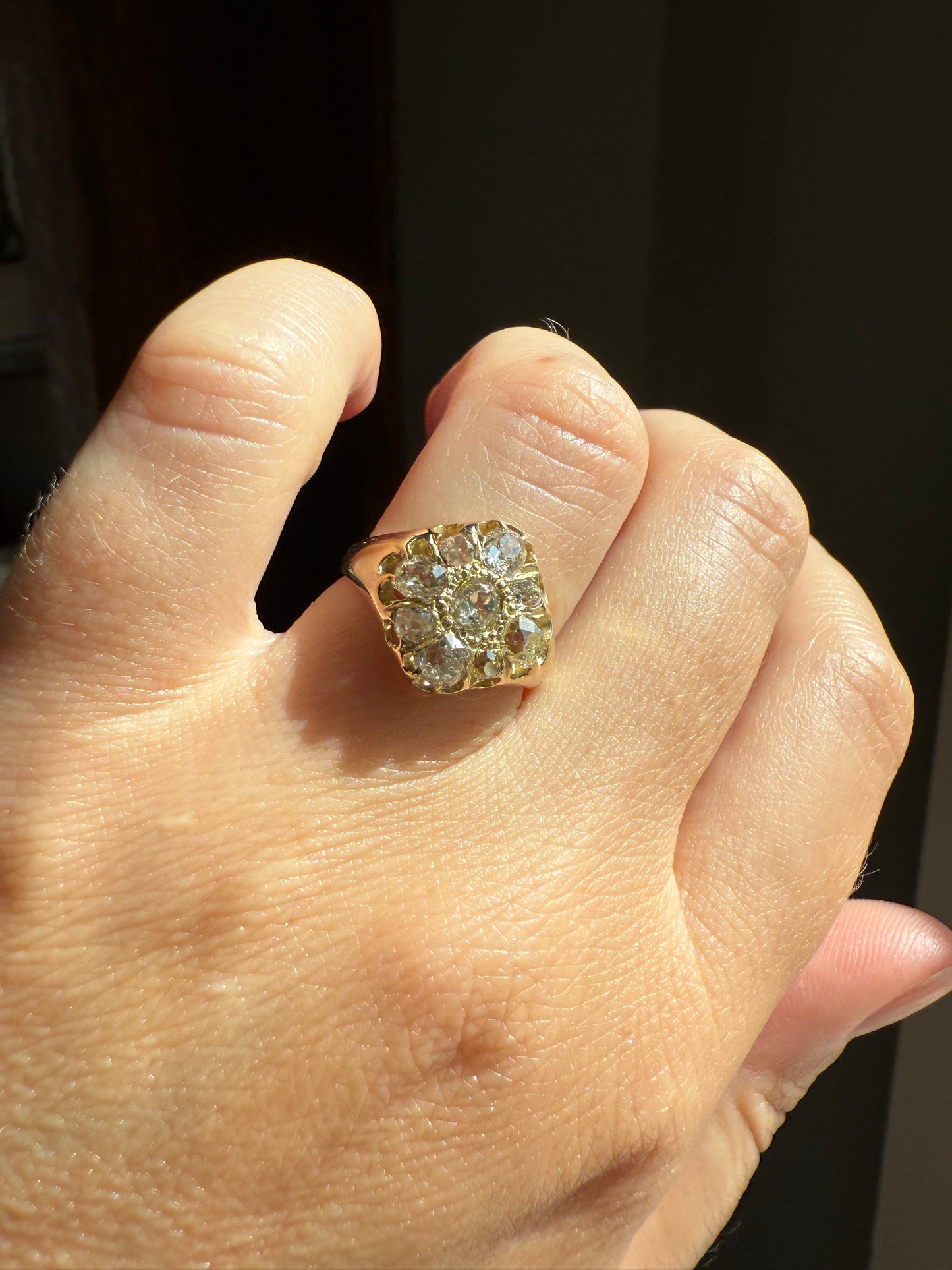 CHUNKY 1.2 Carat Old Mine Cut DIAMOND Cluster Ring 15k Gold Delicious Pale Yellow Nine Stone Cruciform Halo Belcher Buttercup 1.2Ctw OMC