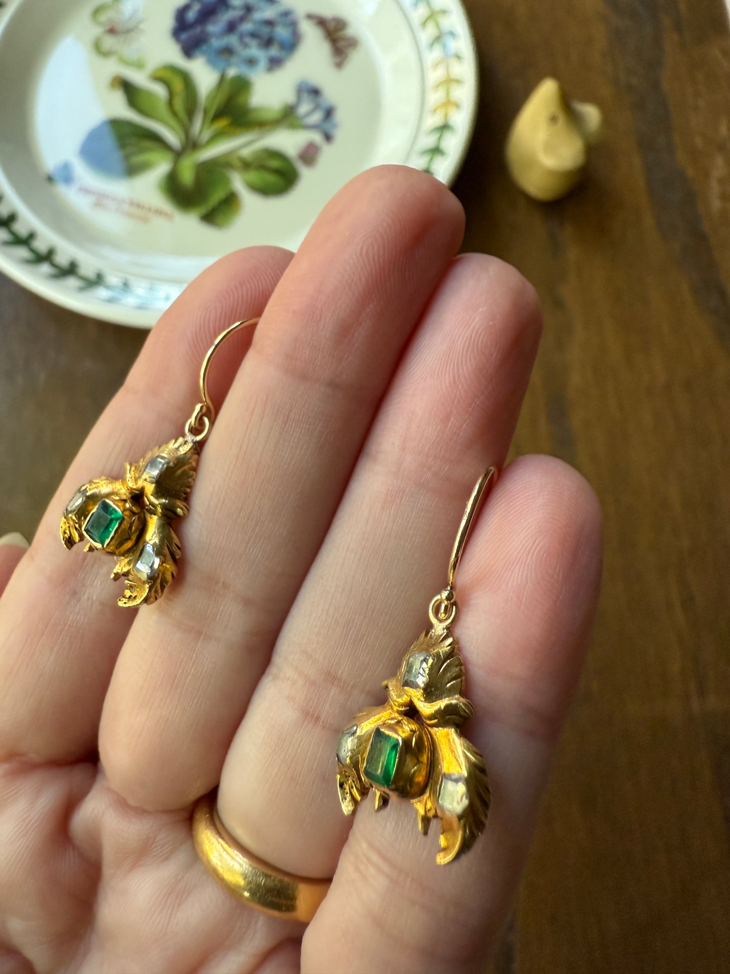 Antique EMERALD Table Cut DIAMOND Enamel Backed 18k Gold & 14k Dangle EARRINGS Georgian Renaissance Revival Green One of a Kind
