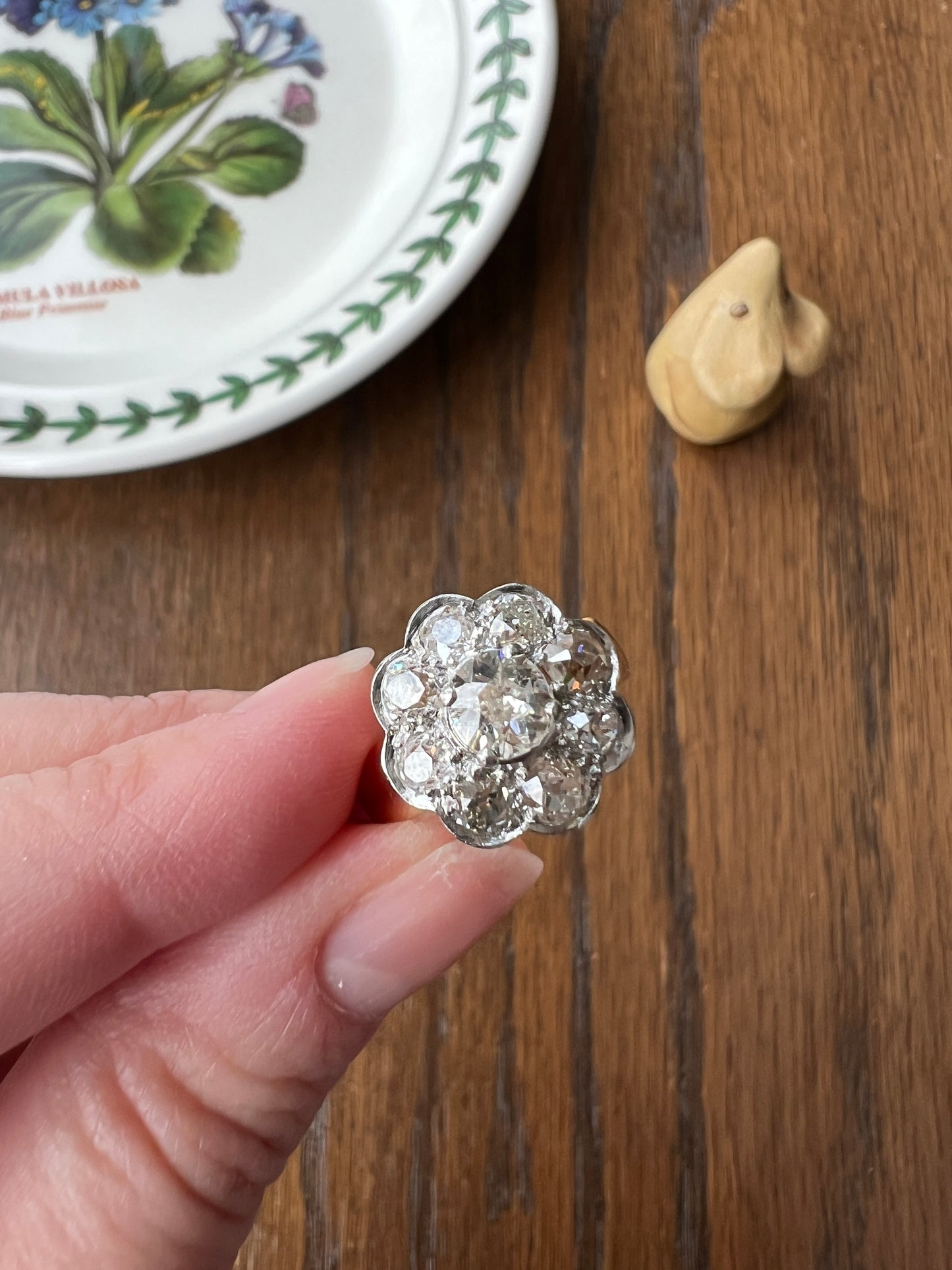 Large ANTIQUE 2.6 Carat Nine Stone Old Mine Cut Halo DiAMOND Ring 18k Gold PLATiNUM Wide Band Daisy Cluster