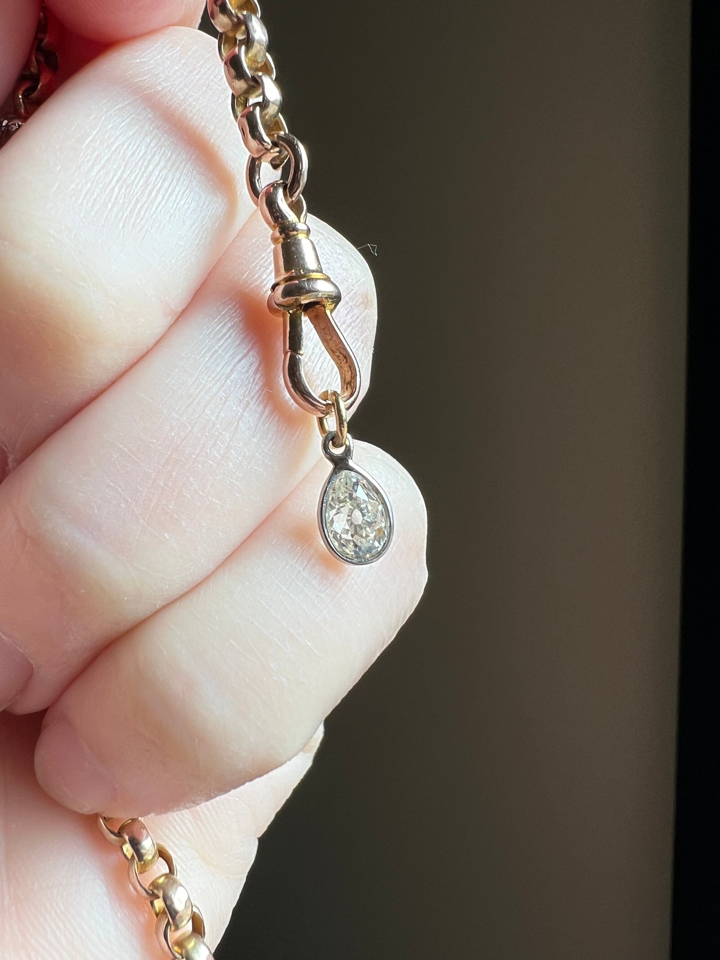 Antique .54 Carat PEAR Natural Old Mine Cut DIAMOND Chunky Dangle Pendant 18k White Gold 9k YG Loop Minimalist Bracelet Necklace Charm