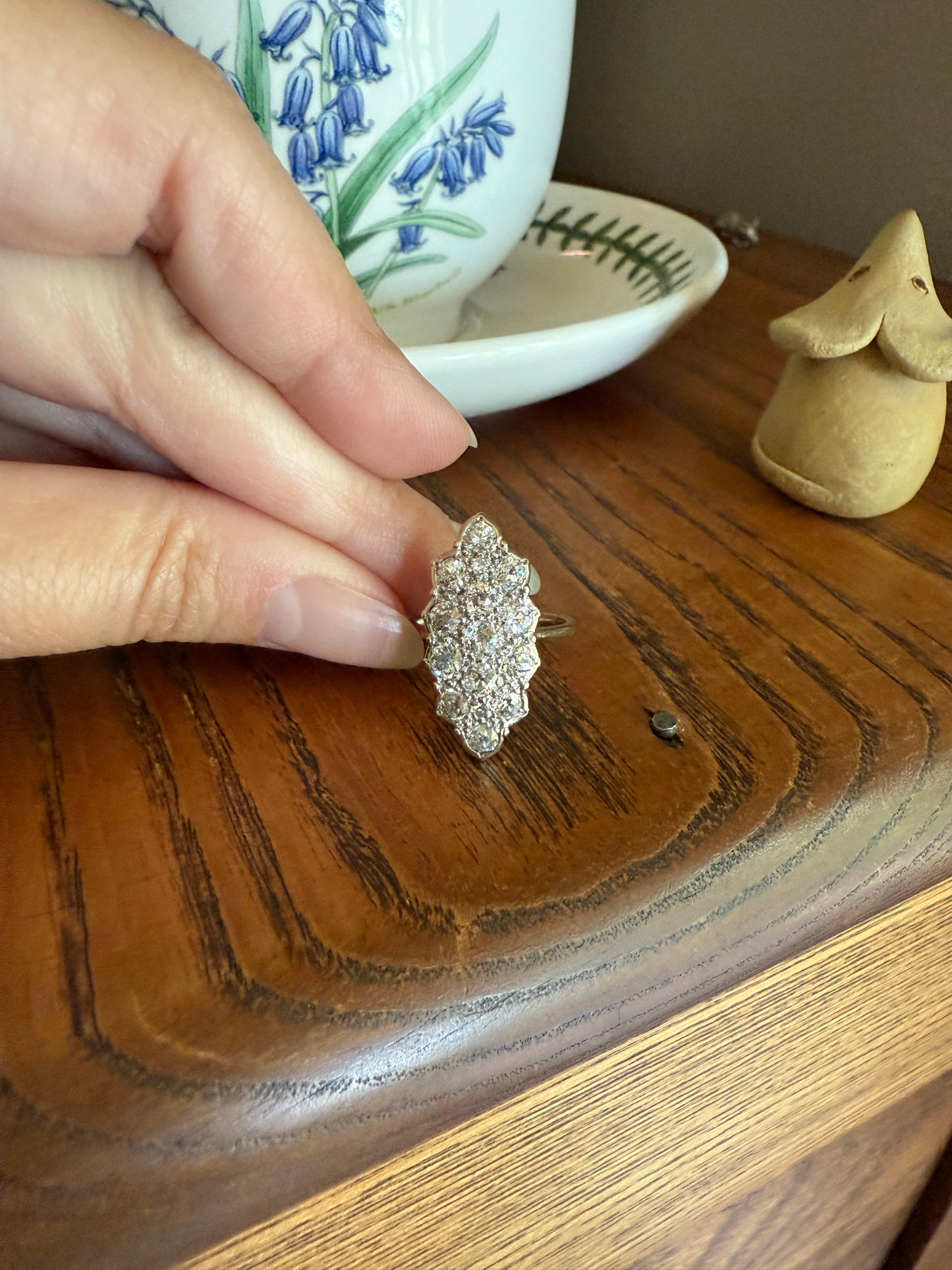 TALL Unique 2.3 Carat Old Mine Cut DIAMOND Navette Cluster Ring French Vintage 18k White Gold Demi Bezel Halo Cobblestone Texture 2.3Ctw OMC