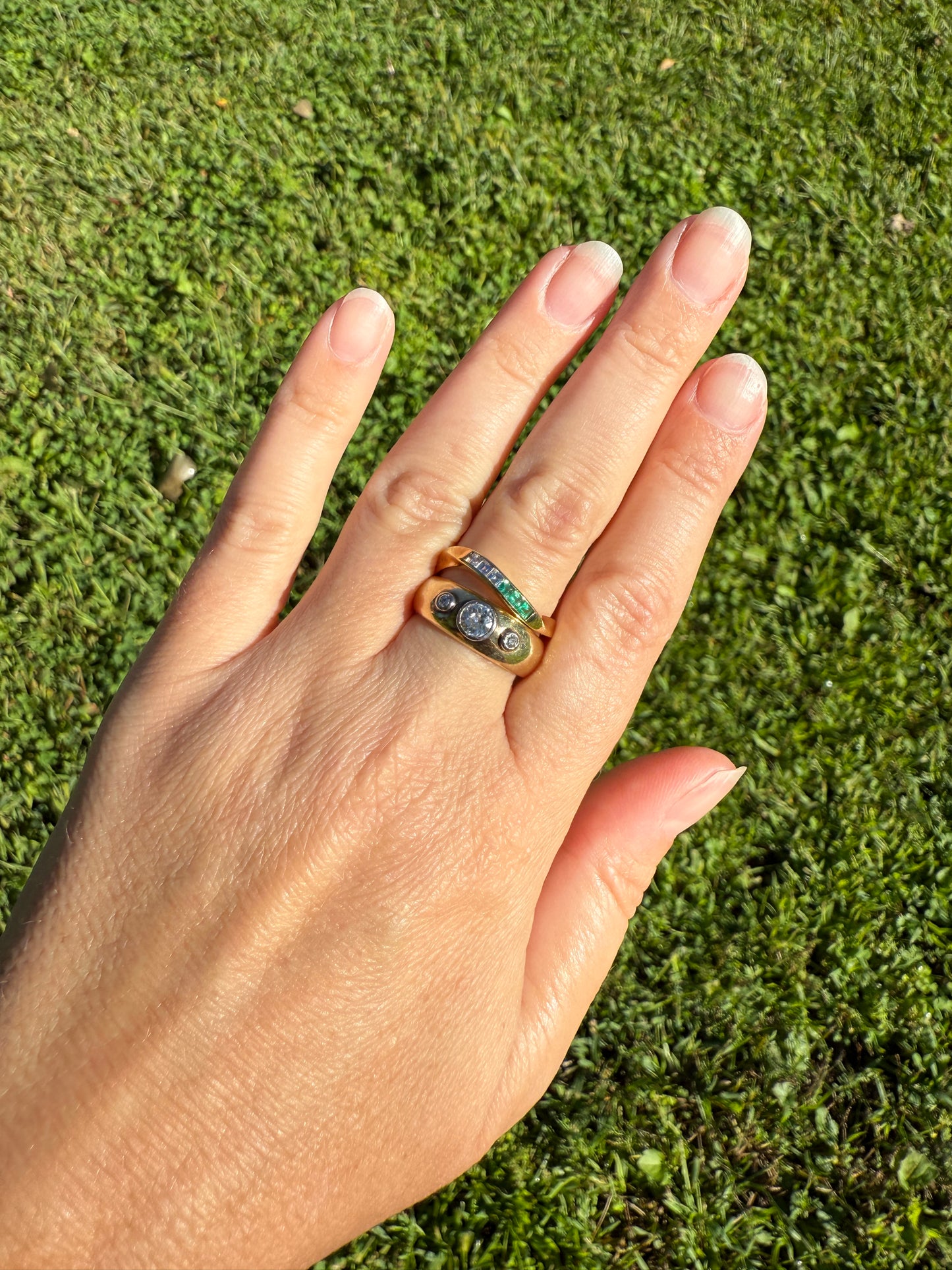 Antique Old Mine Cut DIAMOND Three Stone Chunky Ring 7.1g 14k Gold 7.1mm Wide Band Gypsy Stacker Bezel Set Man or Unisex