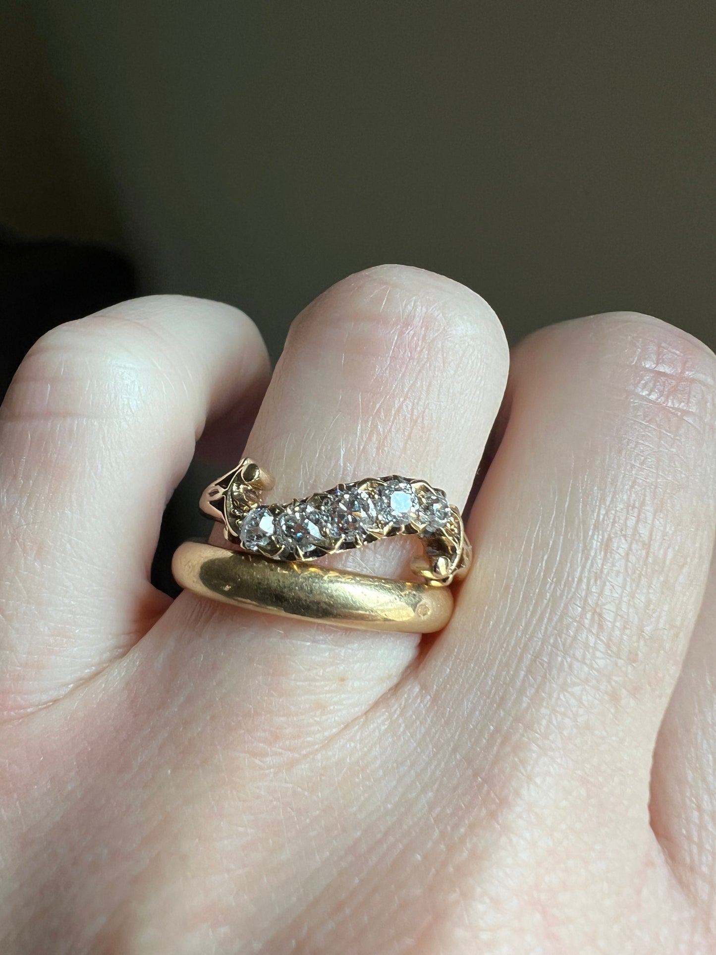 RESERVED - Final Payment - SWIRL Old Mine Cut DIAMOND Five Stone Band Crossover Ring Swirl Band 18k Gold Antique Bypass Ornate Stacker Victorian