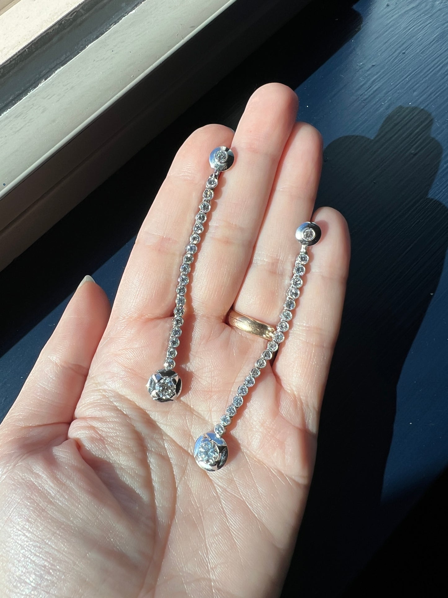 Extra LONG 2.8" Transitional Single Cut DIAMOND 3.6 Carats Tdw Dangle Earrings French Vintage 18k White Gold Platinum