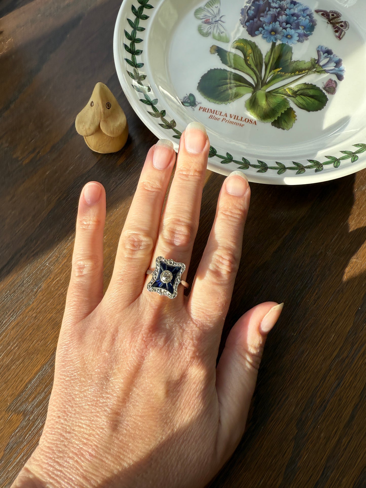 SHIELD Natural Sapphire Eye Clean Old Mine Cut Diamond Rose Cut Halo Antique Ring French 18k Gold Ornate Blue Lozenge Kite Trapezoid Cut