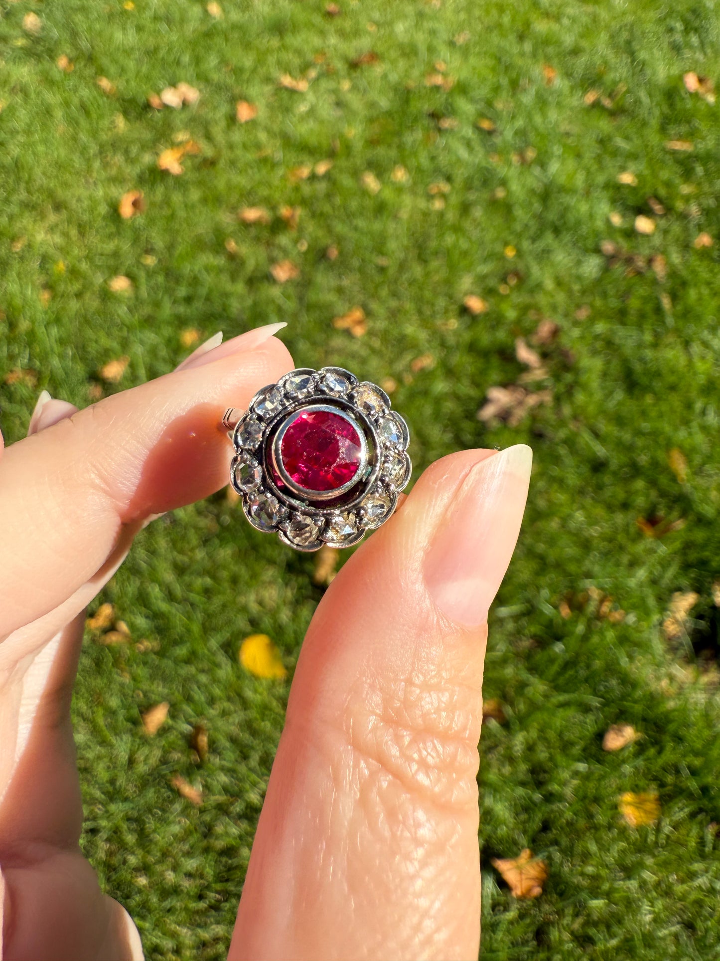 Antique Ruby & Rose Cut Diamond Halo Cluster Ring Pink Red Solid Silver French Edwardian Stacker