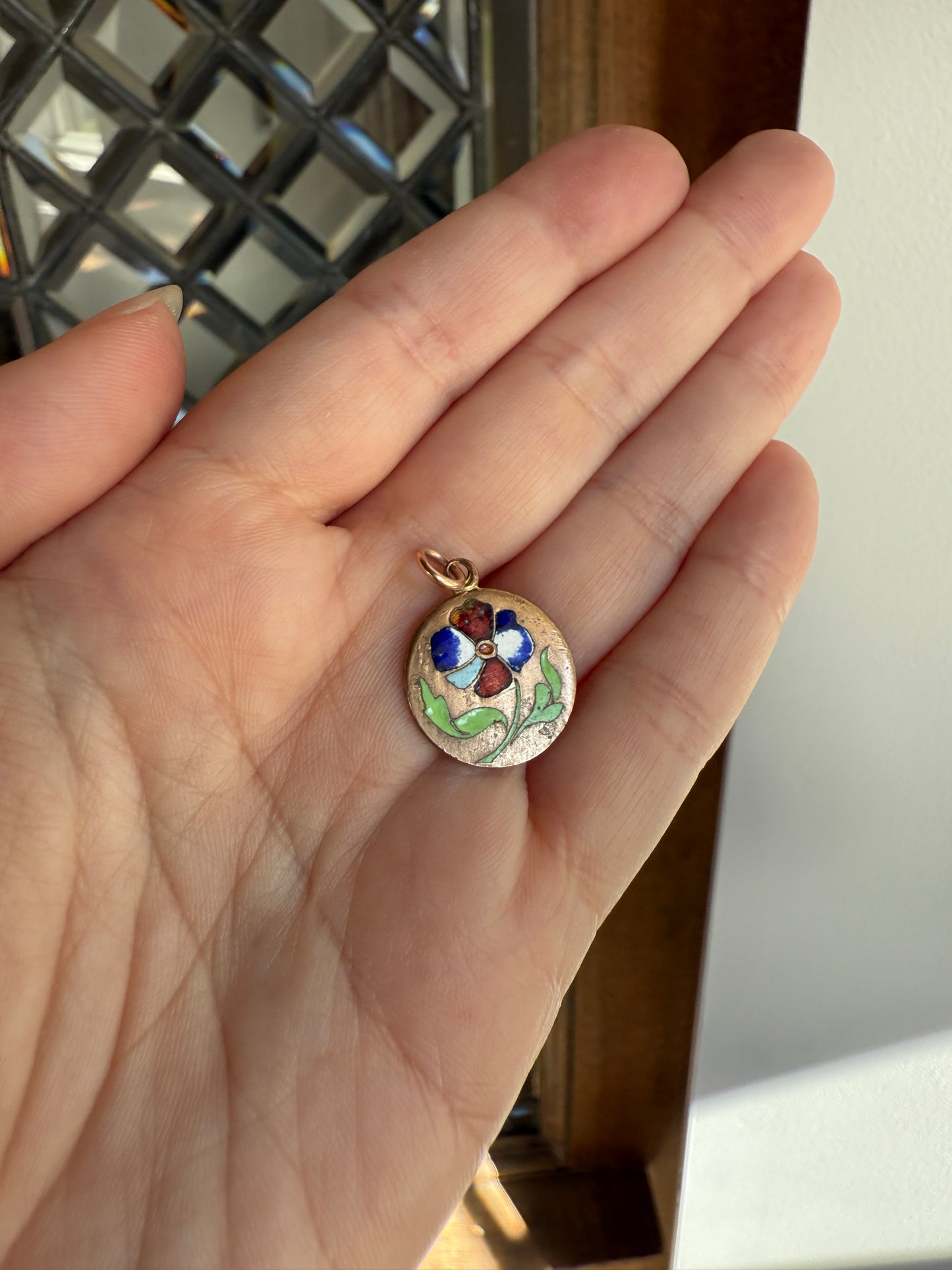 FLORAL Antique PANSY Enamel Flower Pendant Charm Victorian Enamel inlaid Brass Flower Medal Medallion Love Token Red Blue Green White