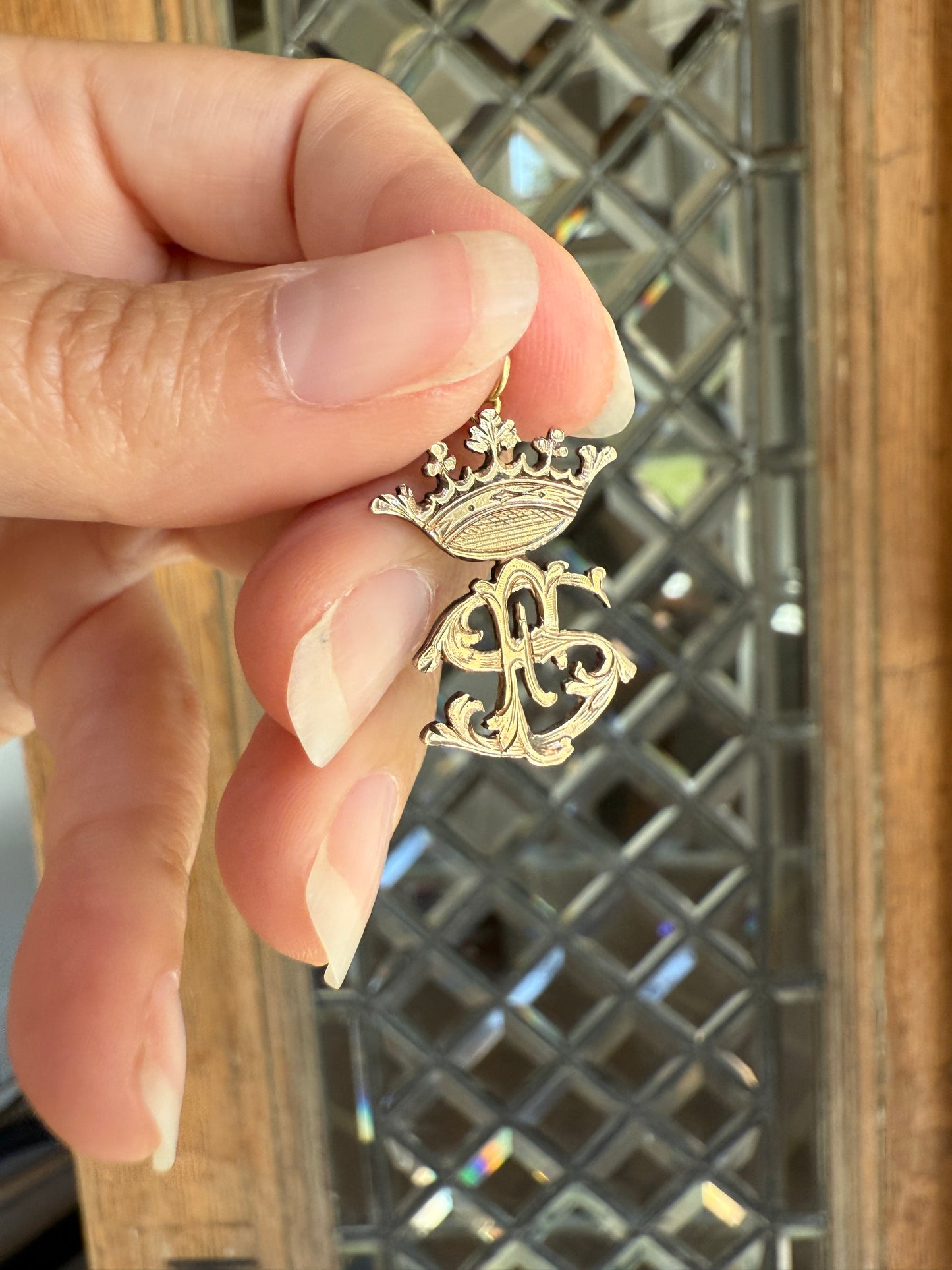 CROWN Figural Initial Pendant S E or F ? Solid Silver Vermeil Gold Plated Front Unique Charm Hand Engraved Openwork Detail