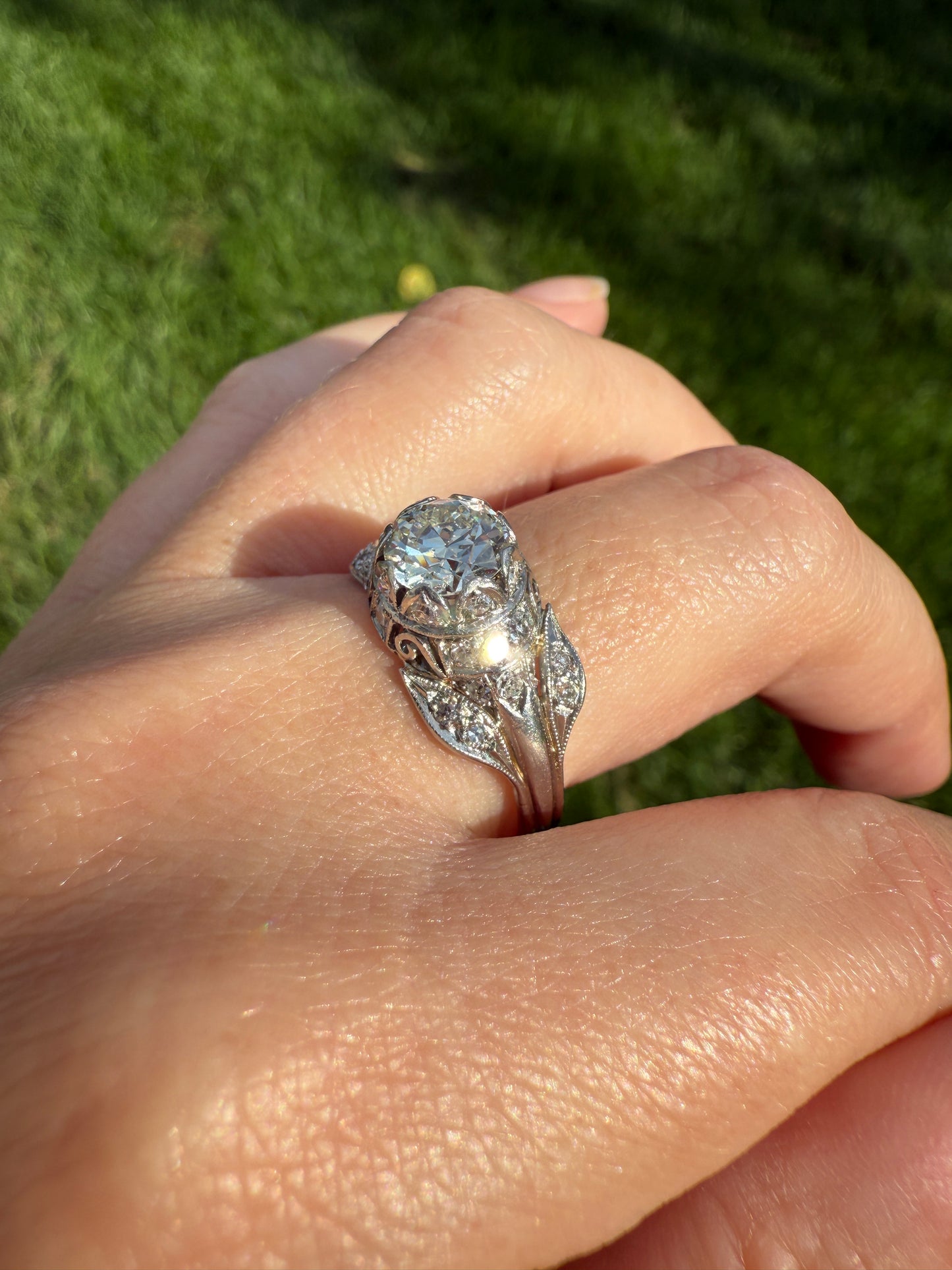 PLATINUM 1.7Ctw Art Deco Eye CLEAN Old European Cut Diamond Solitaire Engagement Ring w/ Wedding Set Wrap Encrusted Leaf Prong Antique c1928