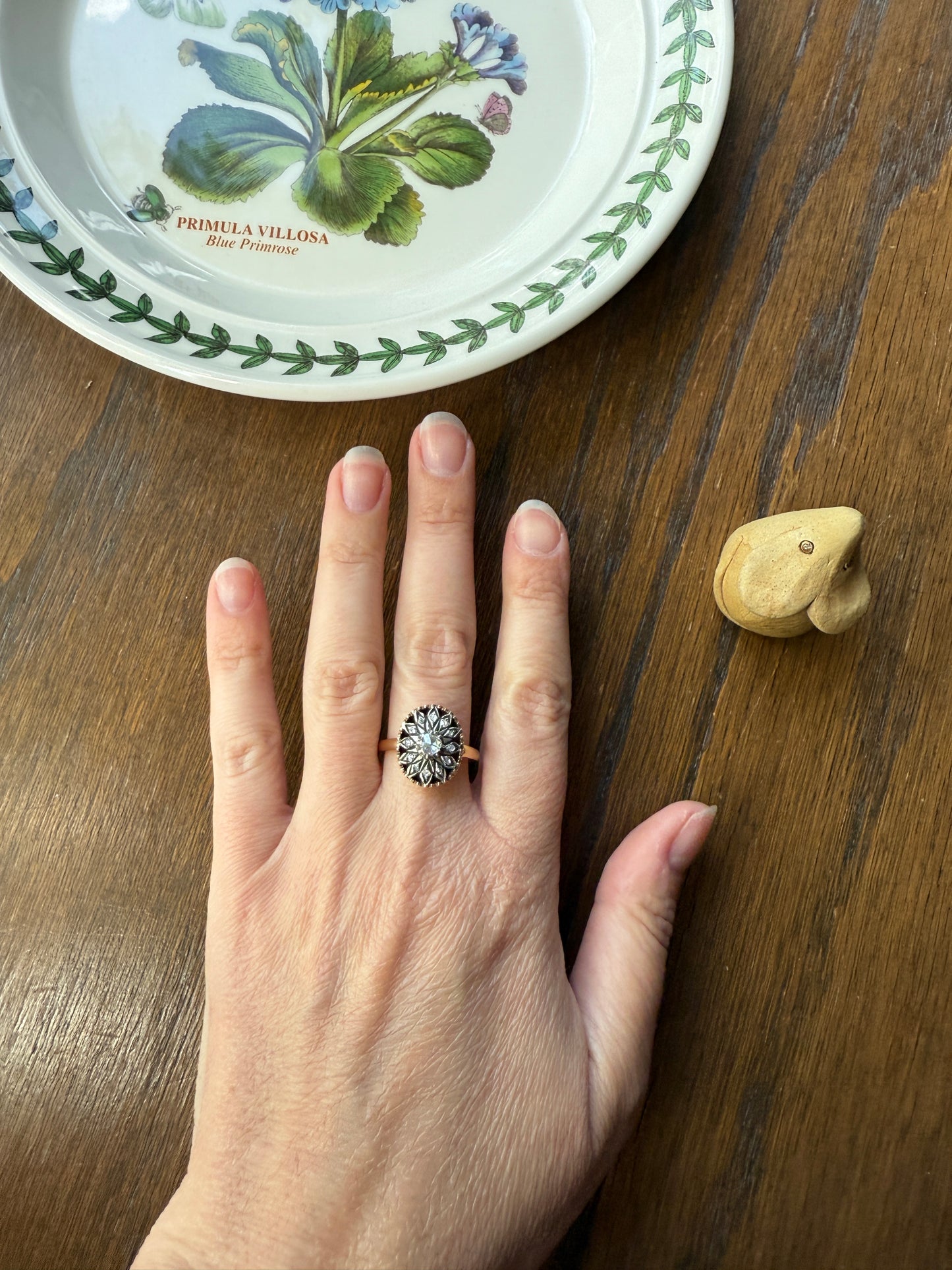 Georgian Era Antique Spanish Iberian Rose Cut Diamond Ring Oval Floral Sunburst Cupped Domed Back 18k Gold Silver