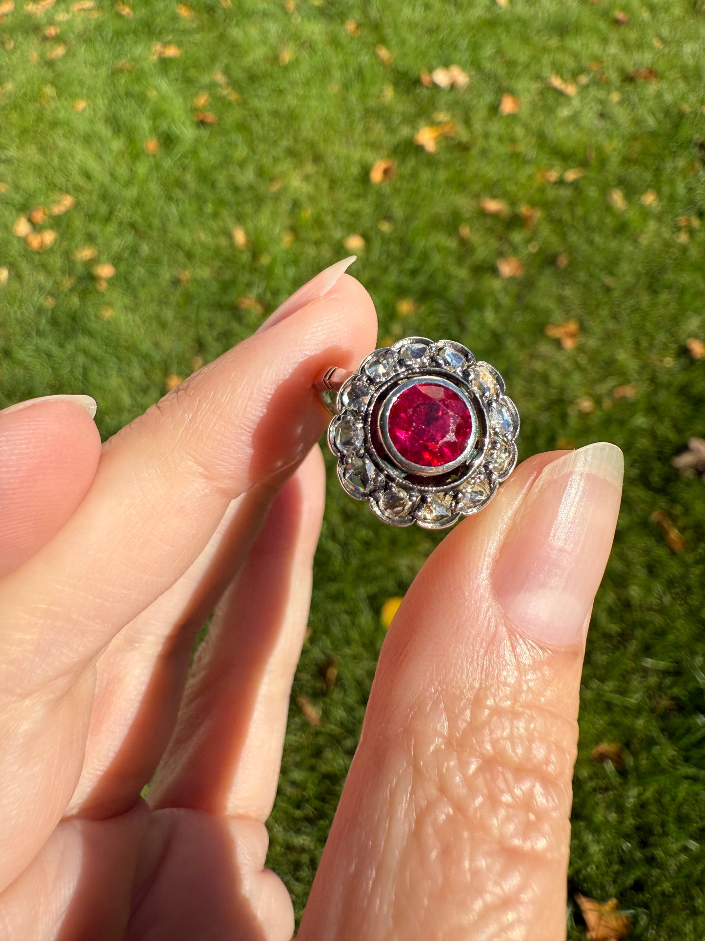 Antique Ruby & Rose Cut Diamond Halo Cluster Ring Pink Red Solid Silver French Edwardian Stacker
