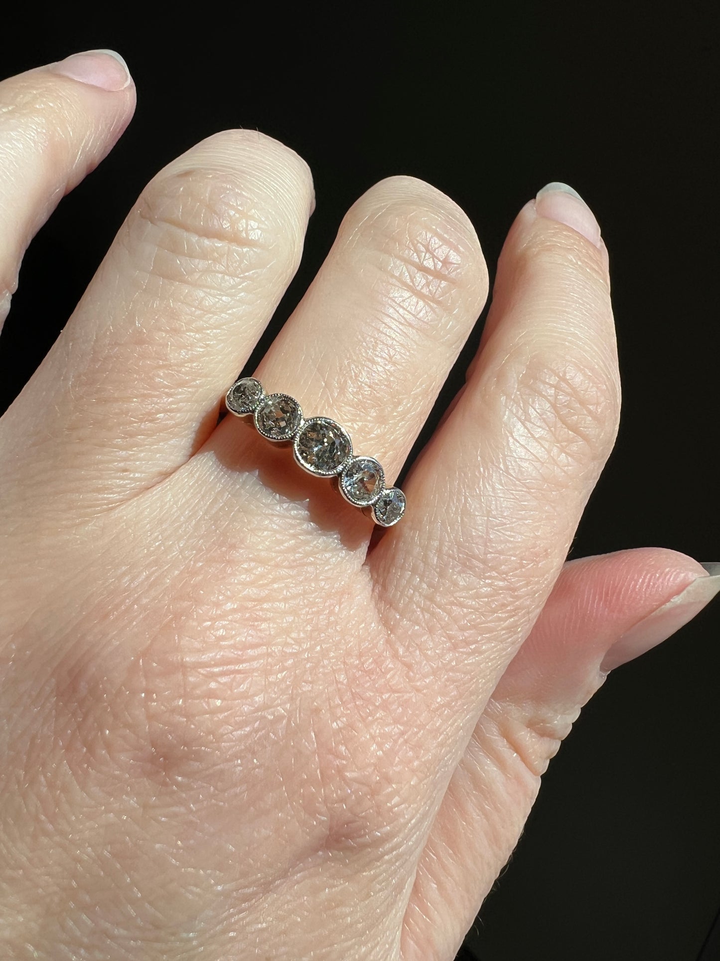 Antique One Carat Champagne White Old Mine Cut DIAMOND 18k Gold Platinum Five Stone Ring Bezel Set Band