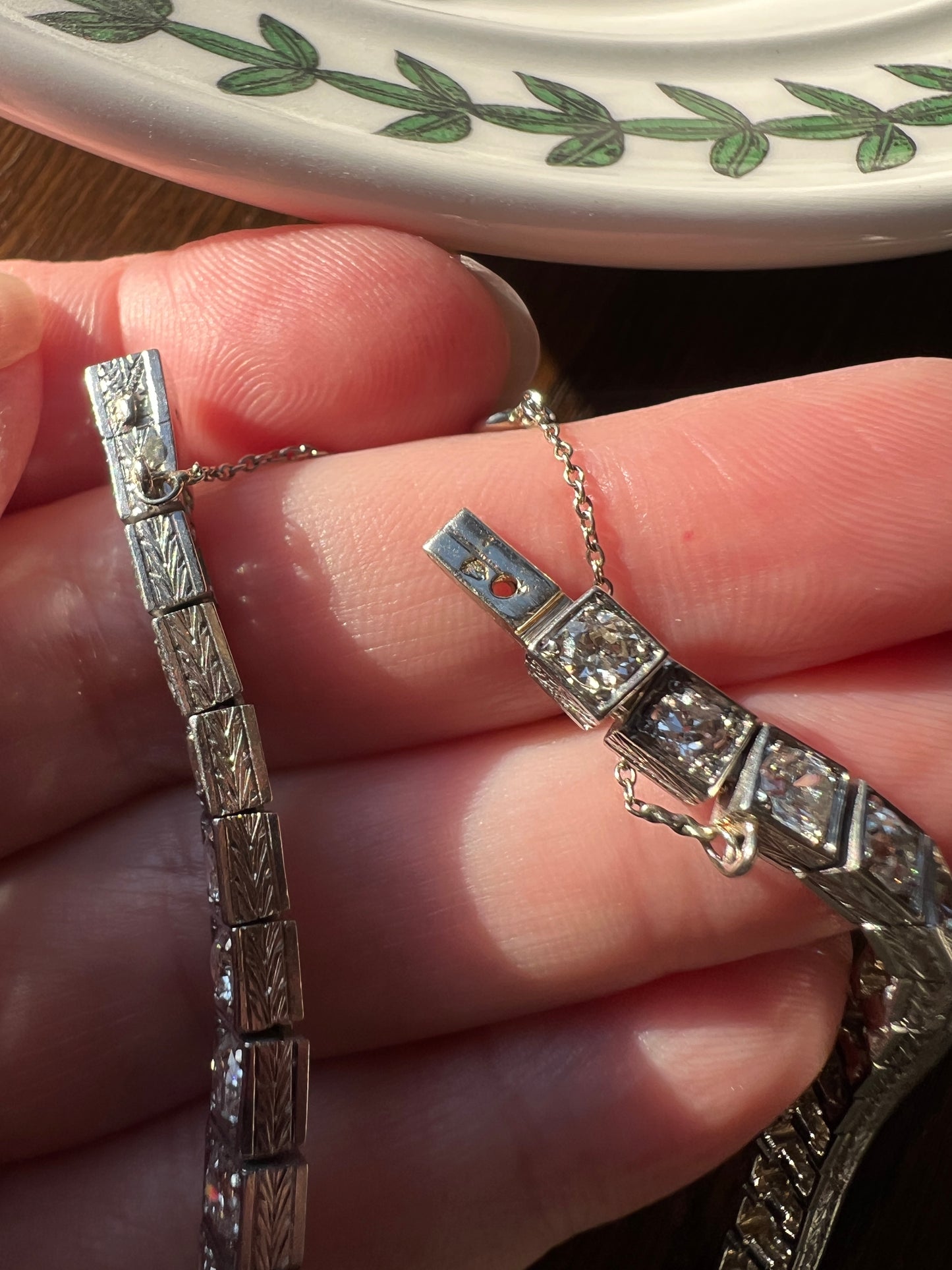 Antique 9.75 CARAT 38 Old European & Mine Cut DIAMOND Line Bracelet PLATINUM 18k White Gold French Geometric Engraved Tennis