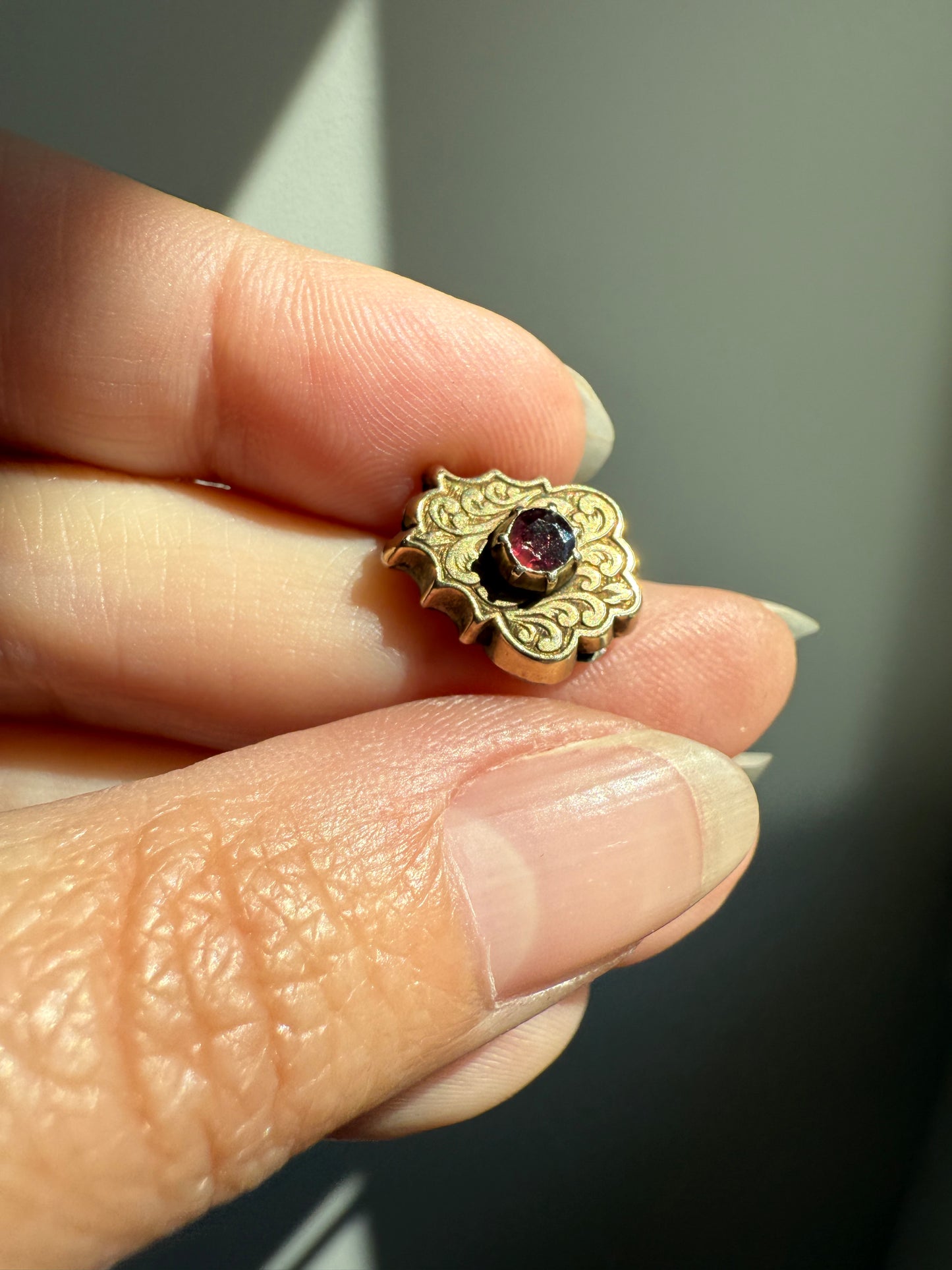Garnet Antique SHIELD Gold Fill Slide Pendant Victorian Ornate Hand Engraved Reversible Mauve Pink Red Neckmess Bracelet Charm Findings