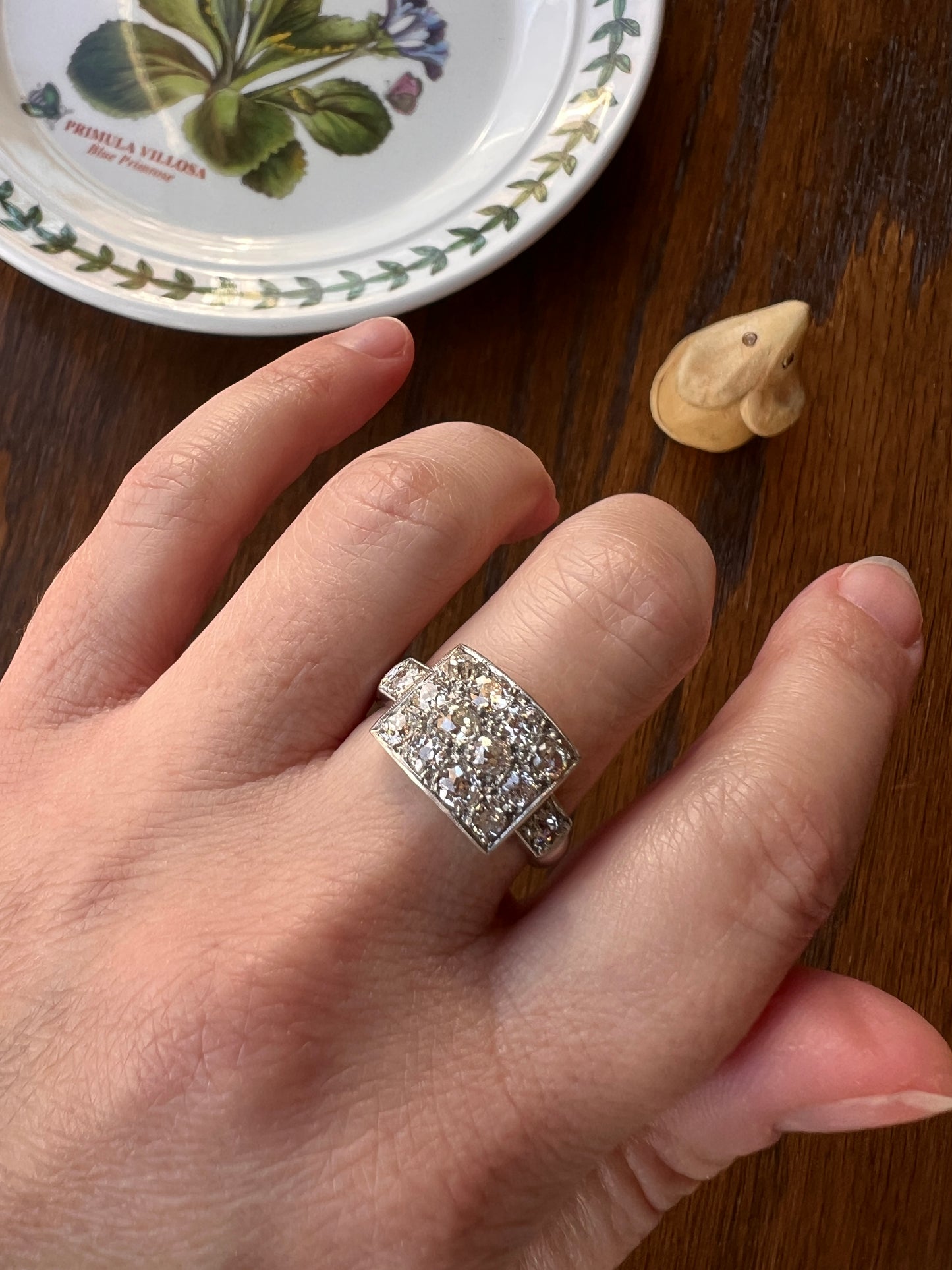 Two Carat 14 Old Mine Cut DIAMOND Curved Cluster Grid Ring French Antique Platinum Cobblestone
