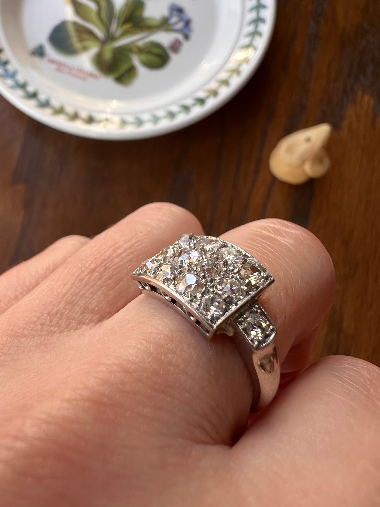 Two Carat 14 Old Mine Cut DIAMOND Curved Cluster Grid Ring French Antique Platinum Cobblestone