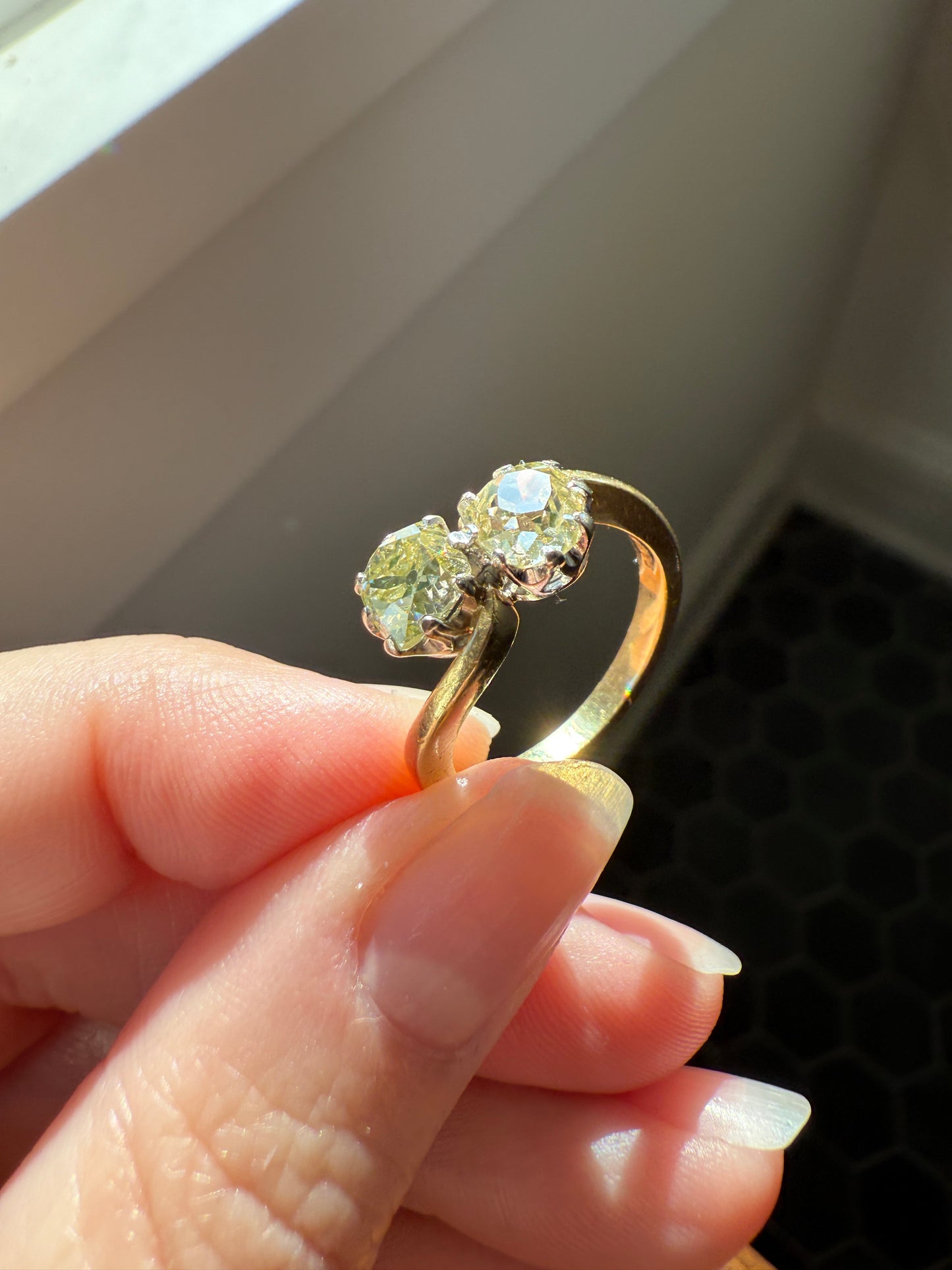 Antique Toi et Moi 2.1 CARAT Old Mine Cut DIAMOND Fancy Light Yellow Chunky 2 Stone Ring 18k Gold Angled Swirl Band Stacker c1901 Victorian