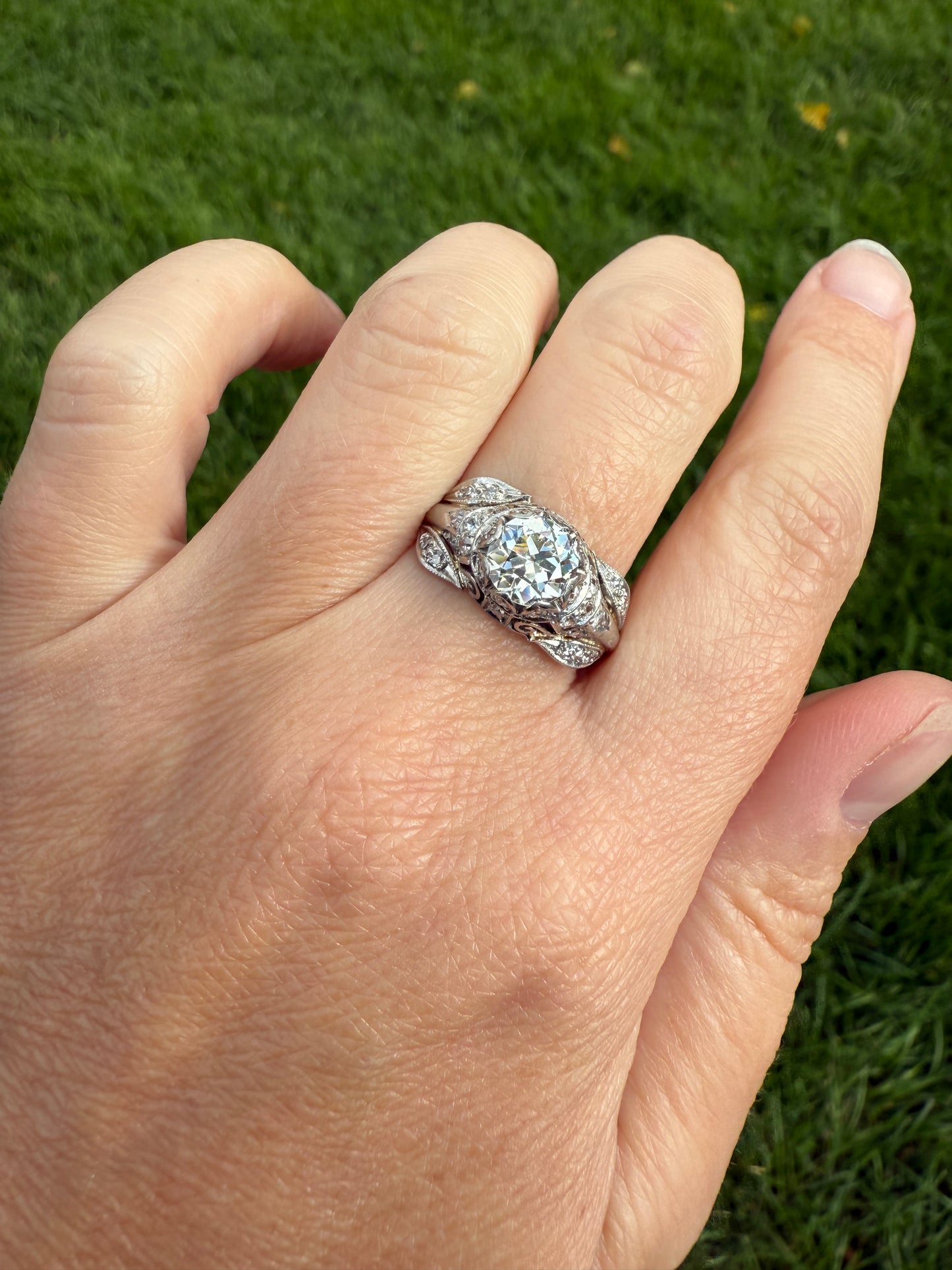PLATINUM 1.7Ctw Art Deco Eye CLEAN Old European Cut Diamond Solitaire Engagement Ring w/ Wedding Set Wrap Encrusted Leaf Prong Antique c1928