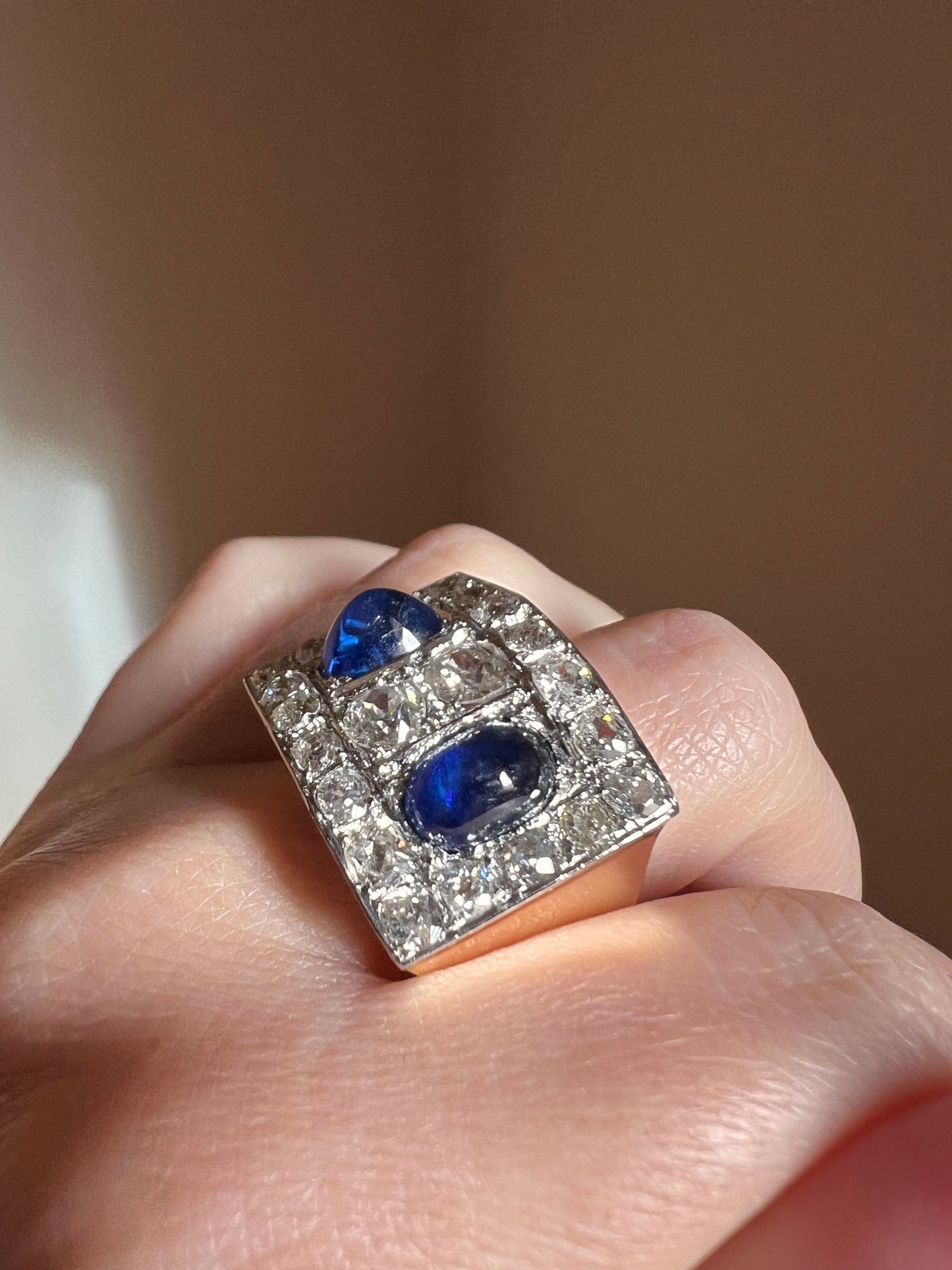 Mega 3.8 CARAT Old Mine Cut DIAMOND Two Sugarloaf Sapphire XL Heavy French Vintage 18k Gold Platinum Tank Ring Chunky Blue