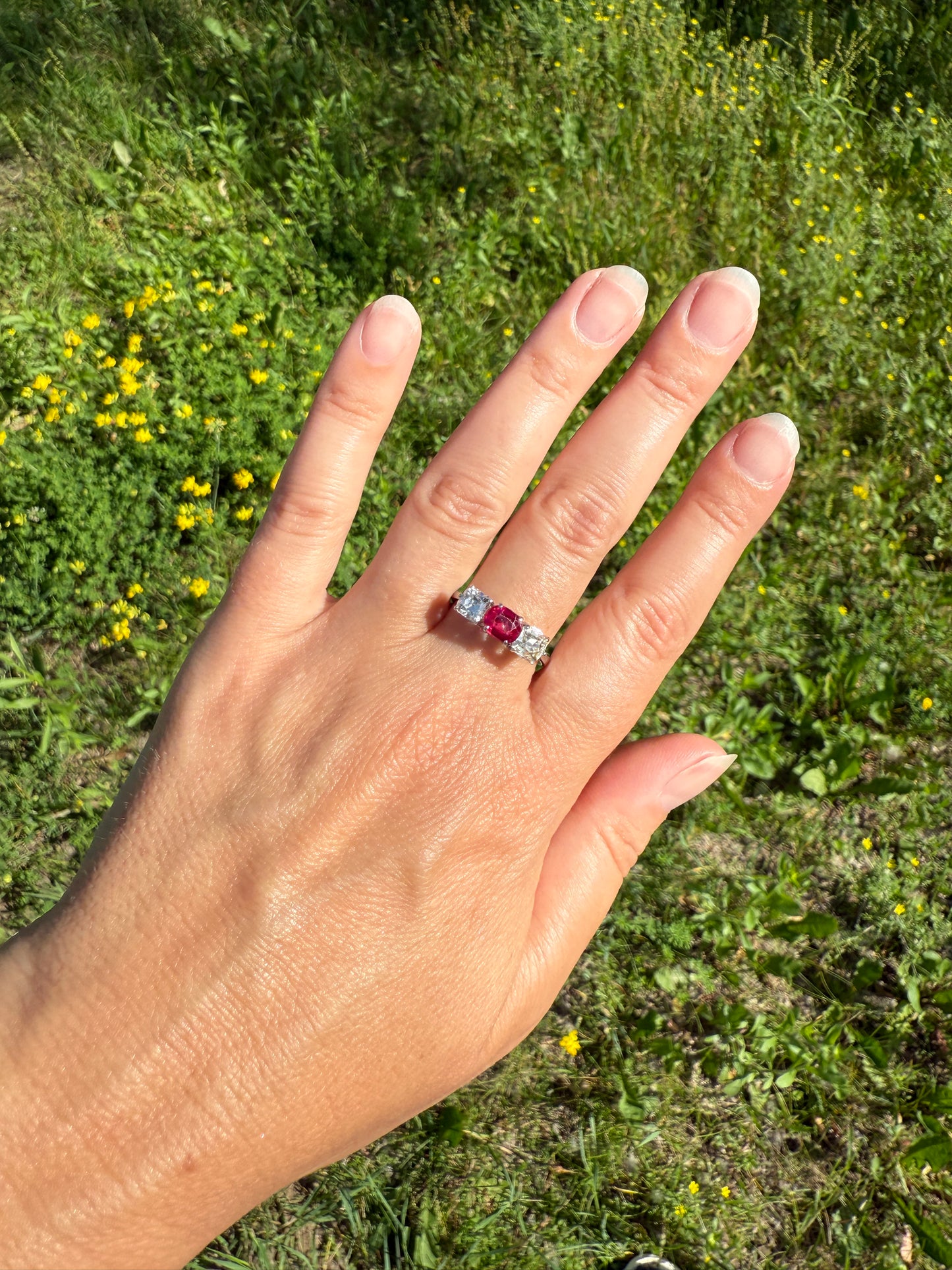 TALL Three Stone Square Old Mine Cut DIAMOND Natural Ruby 18k White Gold Ring Unique Stacker Setting Stackable Pinkish Red
