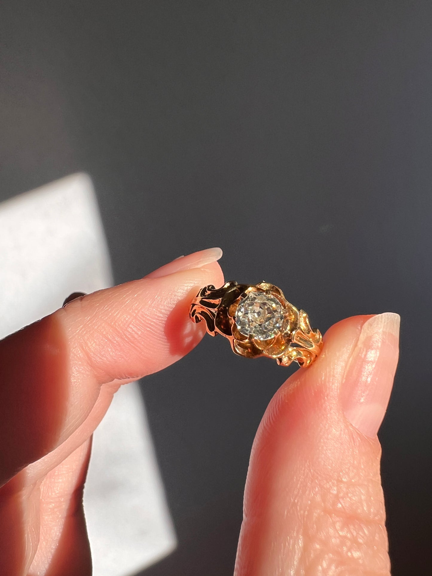 BUTTERCUP Ornate French Victorian Antique .6 Carat Old Mine Cut DIAMOND Solitaire Engagement Ring 18k Gold