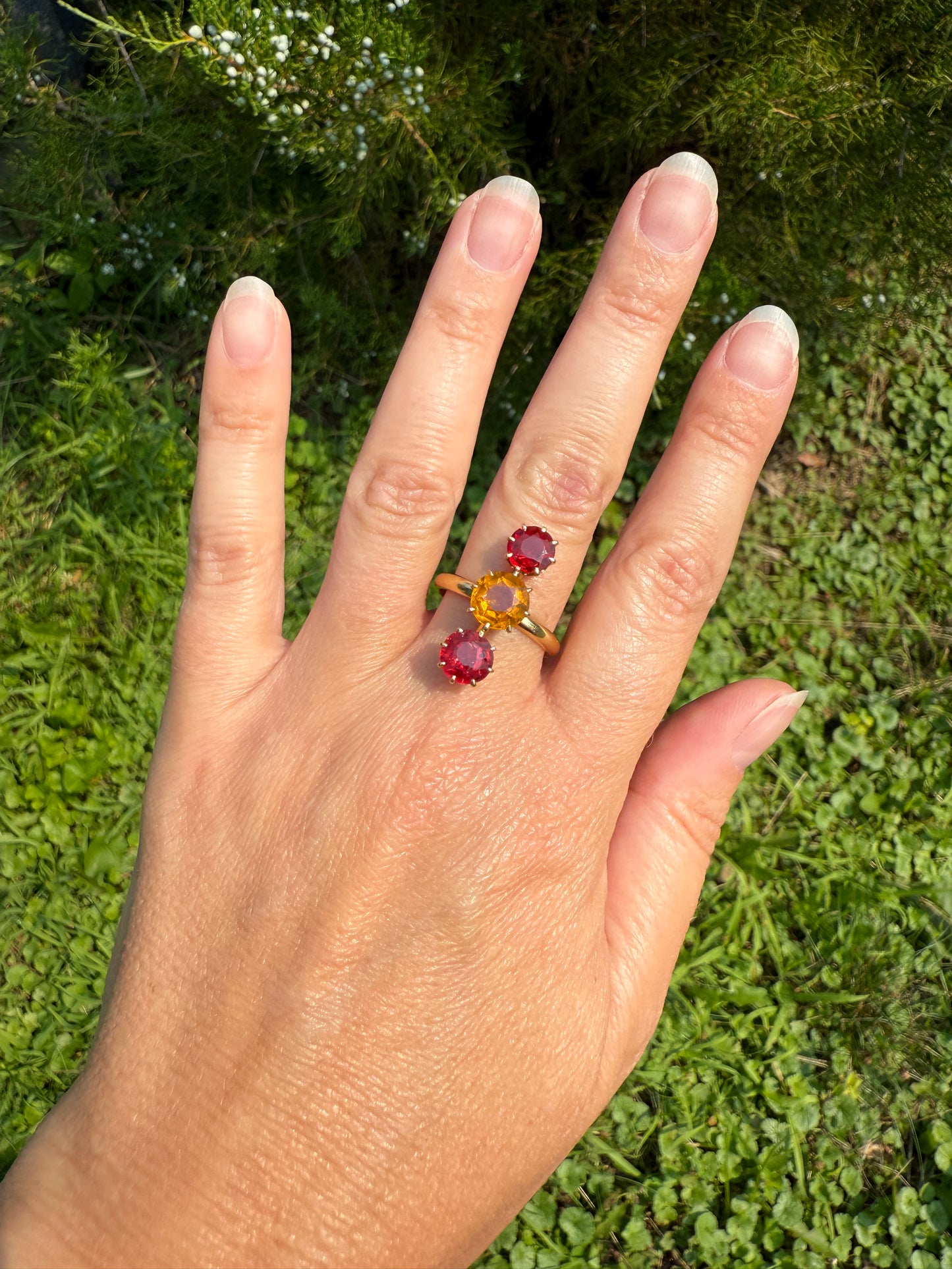 Dated 1924 Old Cut Antique Paste Three Stone Yellow & Red Crown Prong Setting 18k Gold Engraved Colorful Ringstack French Art Deco