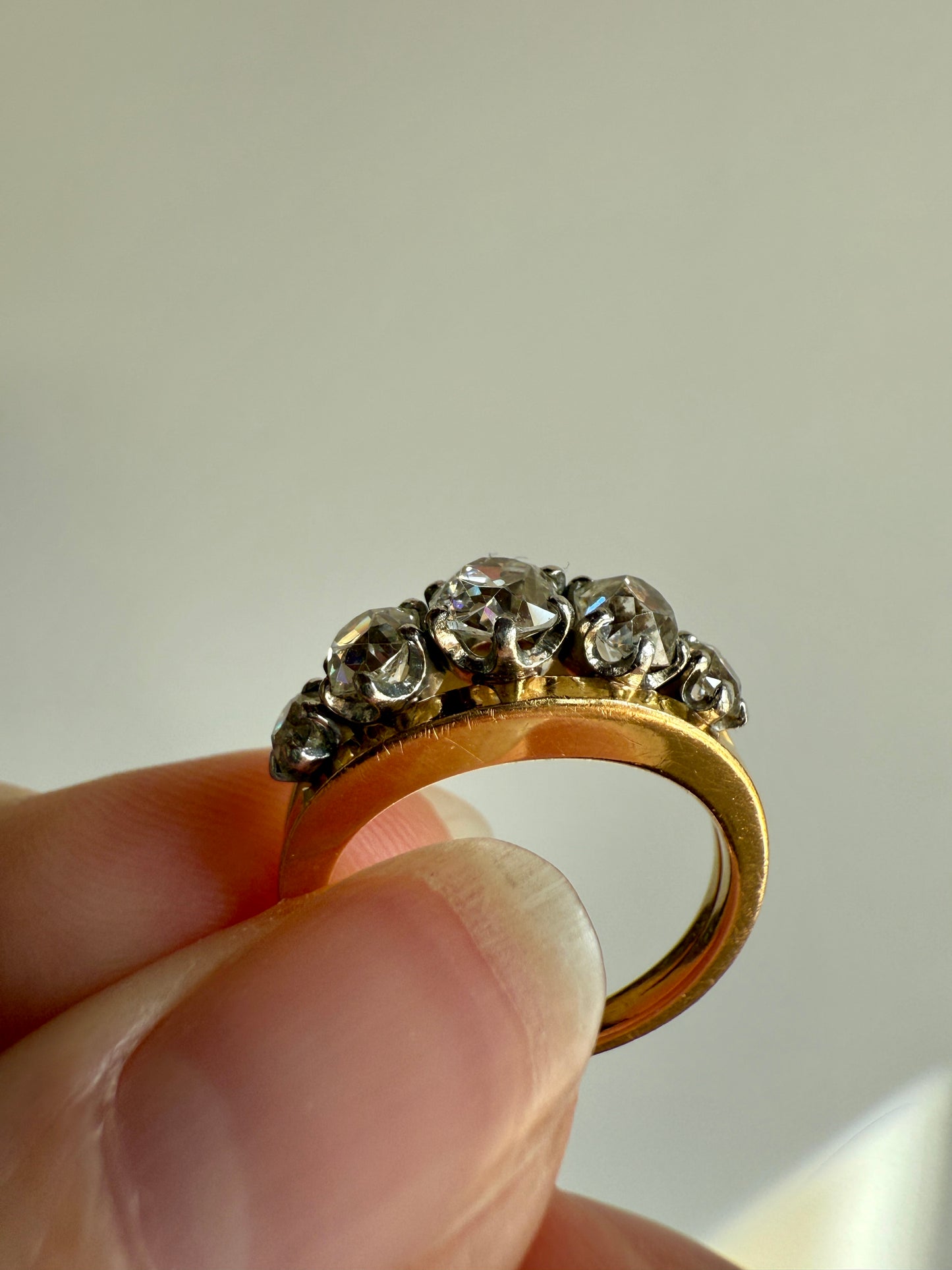 TALL French Vintage Ring 1.65 Carat Antique Old Mine Cut DIAMOND Five Stone Wide Band 18k Gold Platinum Solid Stacker Chunky