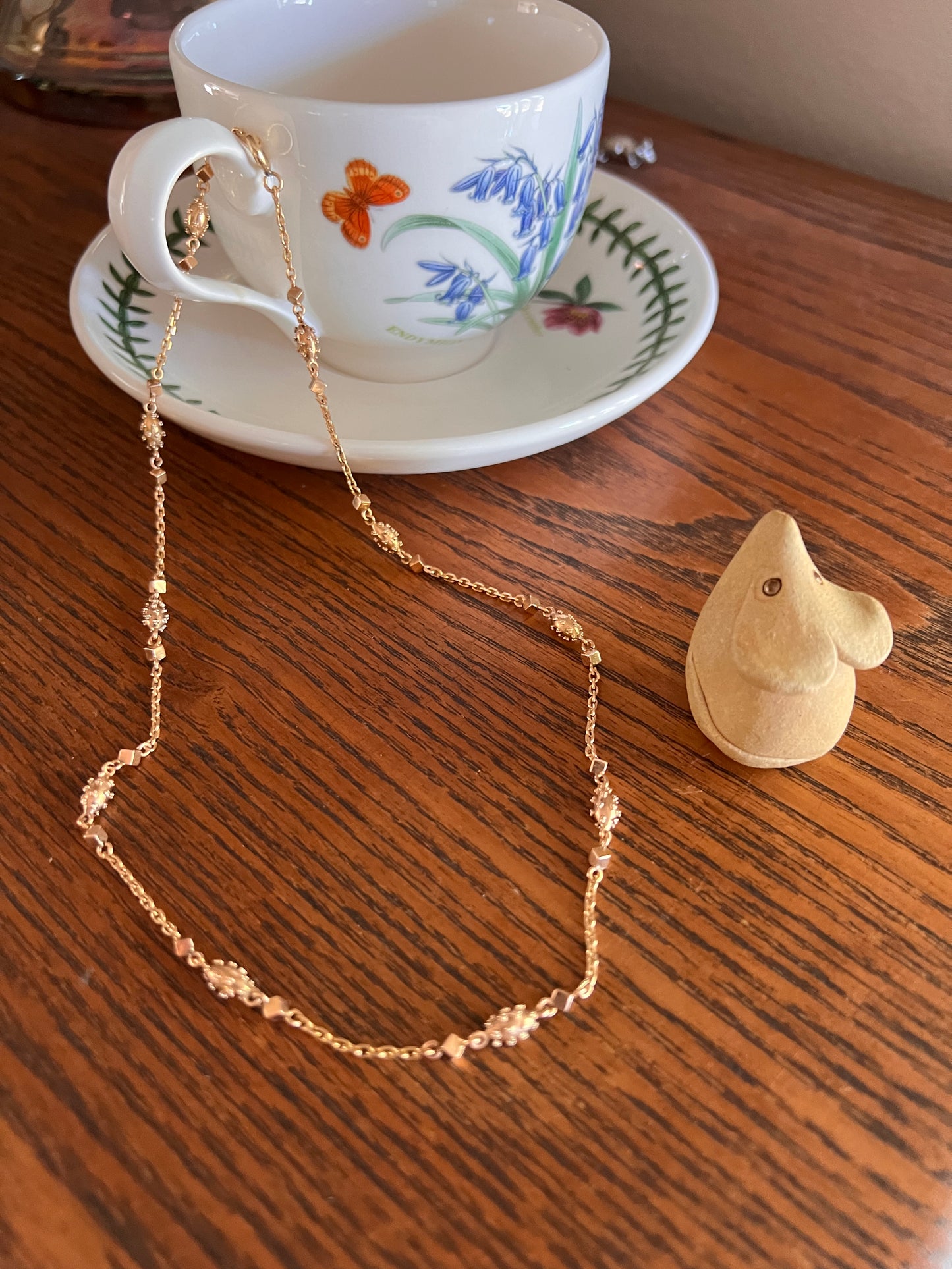VICTORIAN Era Antique French 18k Gold Chain Necklace Cube Ball Rivet Pendant Holder Warm Glow