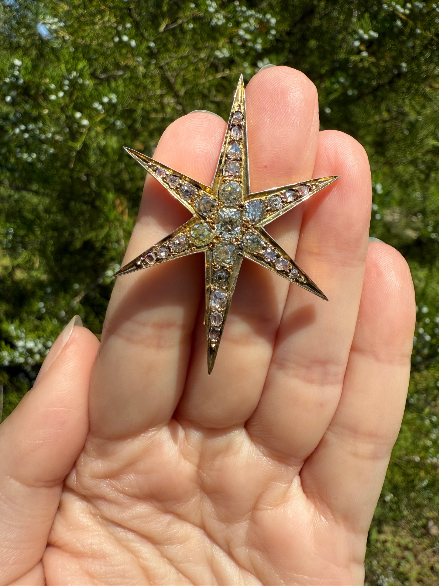 Mega STAR Antique 2.5 Carat 27 Rose Old Mine Cut DIAMOND Cluster Pin Brooch for Pendant Gilt Metal & 10k Gold