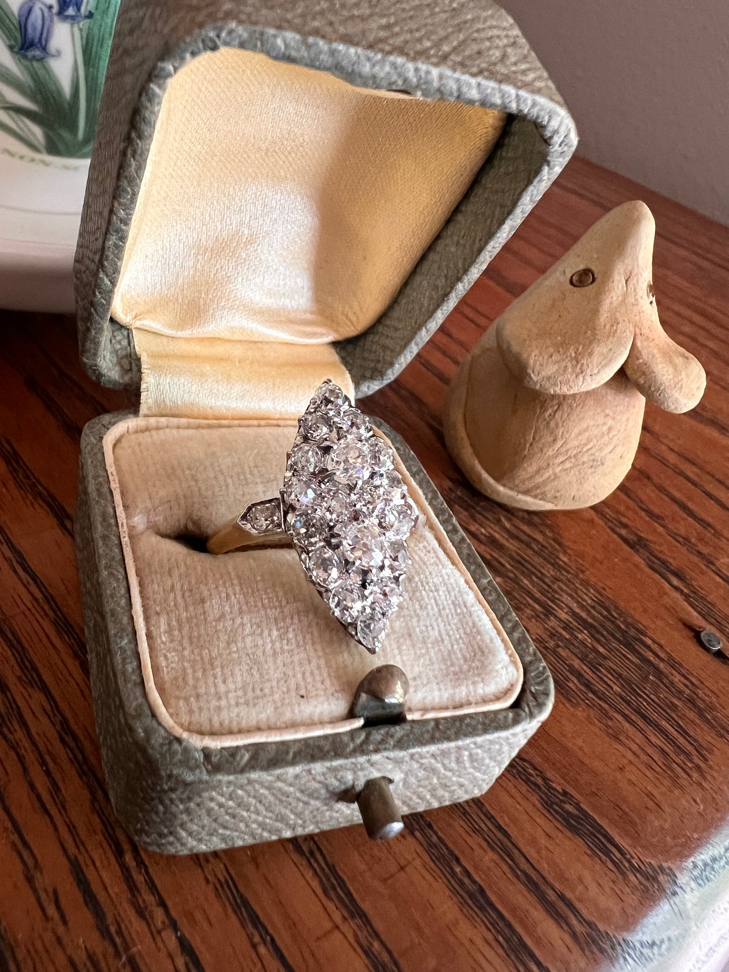 Unique Antique 1.75 Carat Old Mine Cut DIAMOND Toi et Moi Navette Cluster Ring French 18k Gold