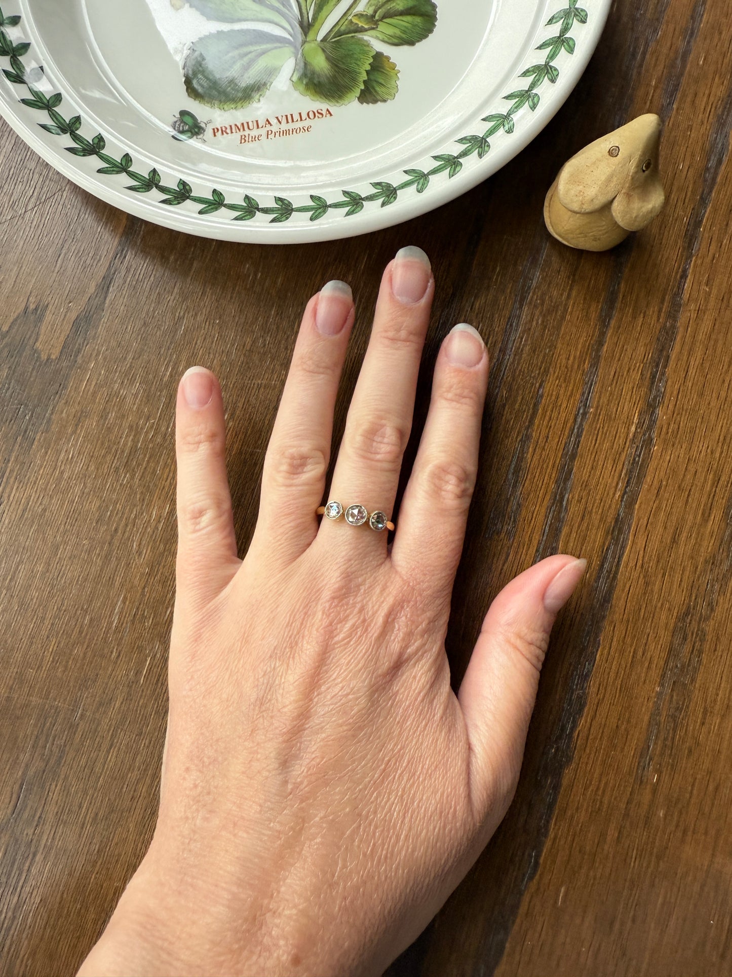 Antique Eye Clean Rose Cut DIAMOND Three Stone Ring Stackable Band Open Back 18k Gold Bezel Set