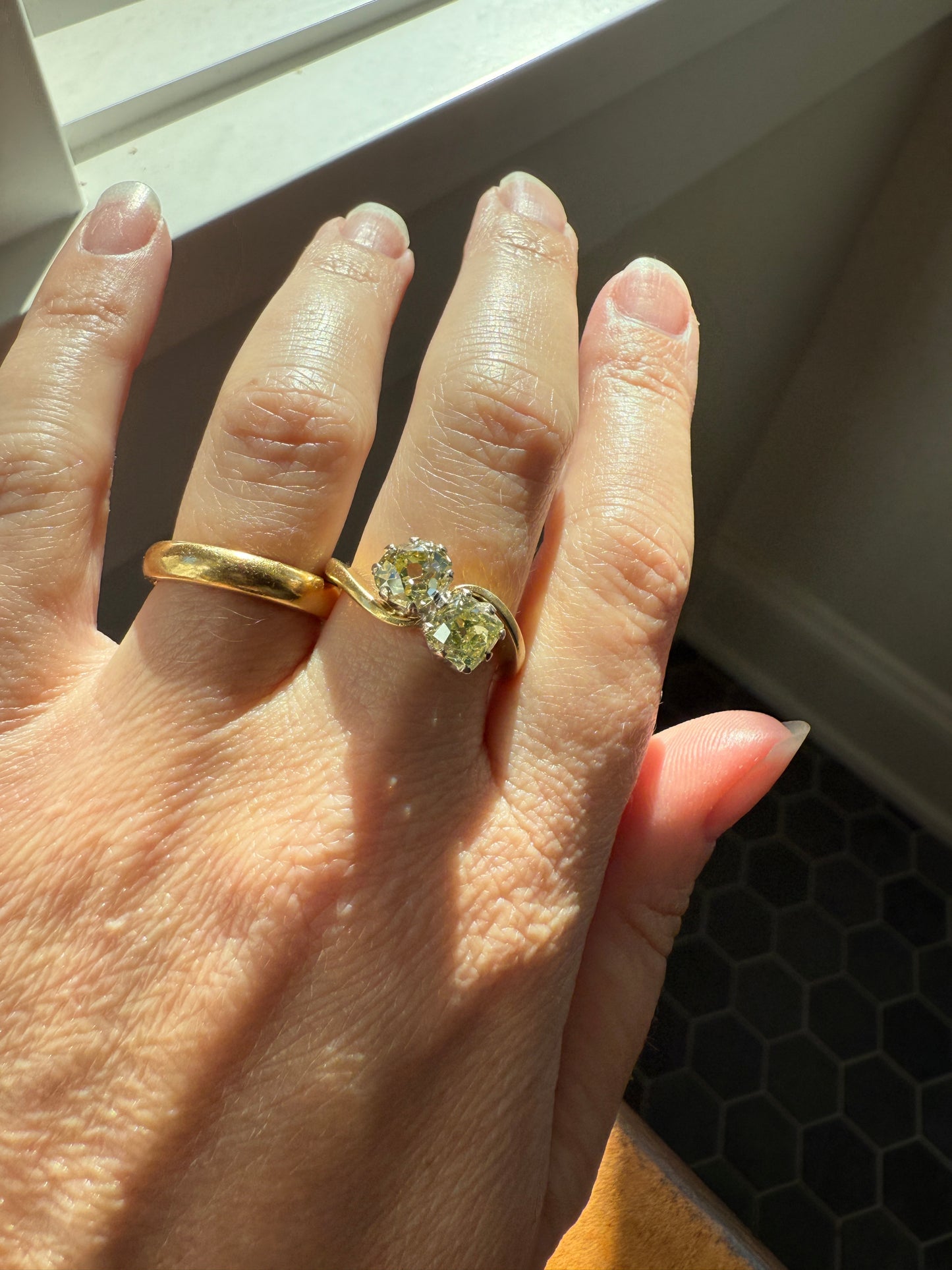 Antique Toi et Moi 2.1 CARAT Old Mine Cut DIAMOND Fancy Light Yellow Chunky 2 Stone Ring 18k Gold Angled Swirl Band Stacker c1901 Victorian