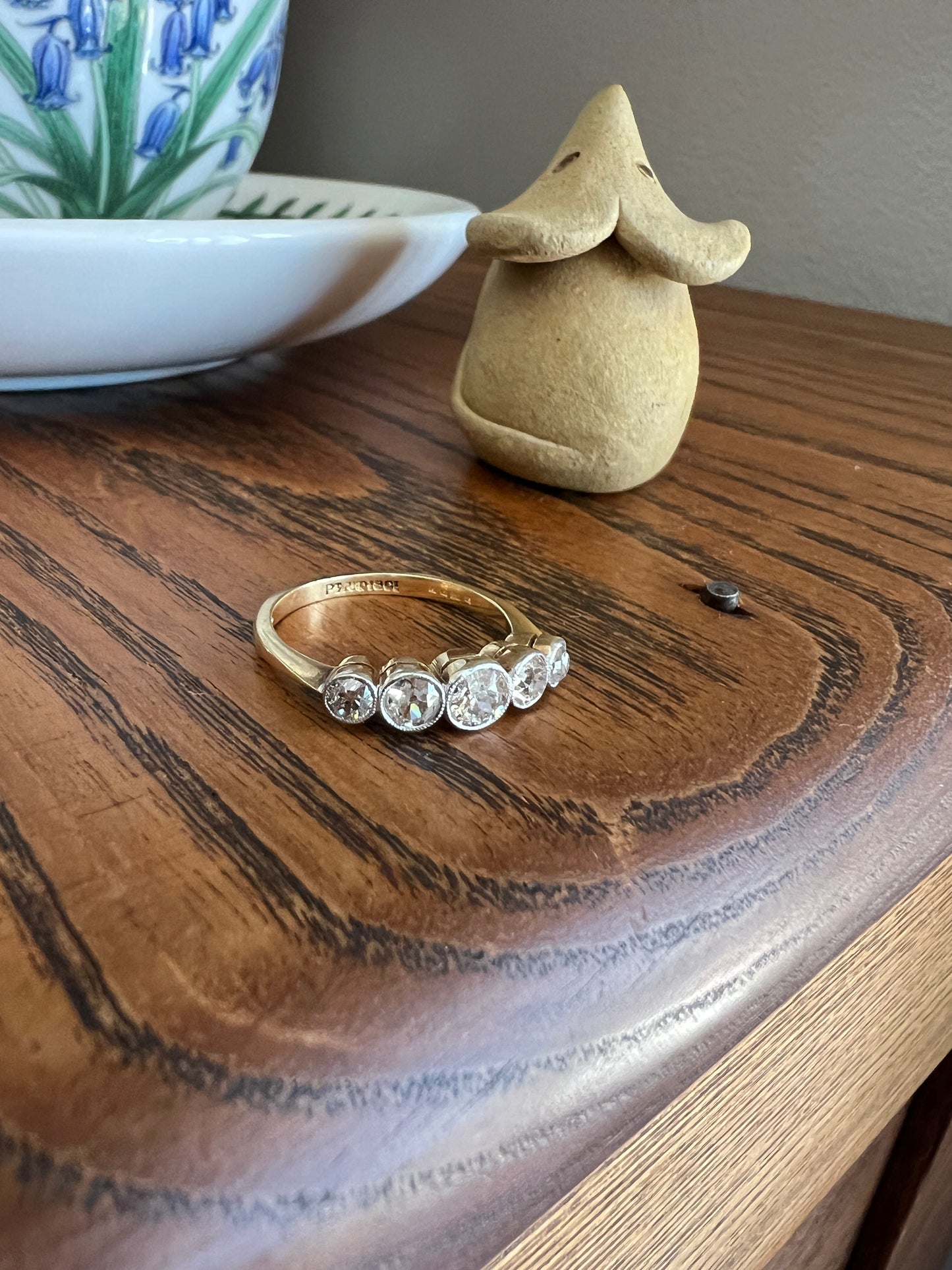 Antique One Carat Champagne White Old Mine Cut DIAMOND 18k Gold Platinum Five Stone Ring Bezel Set Band