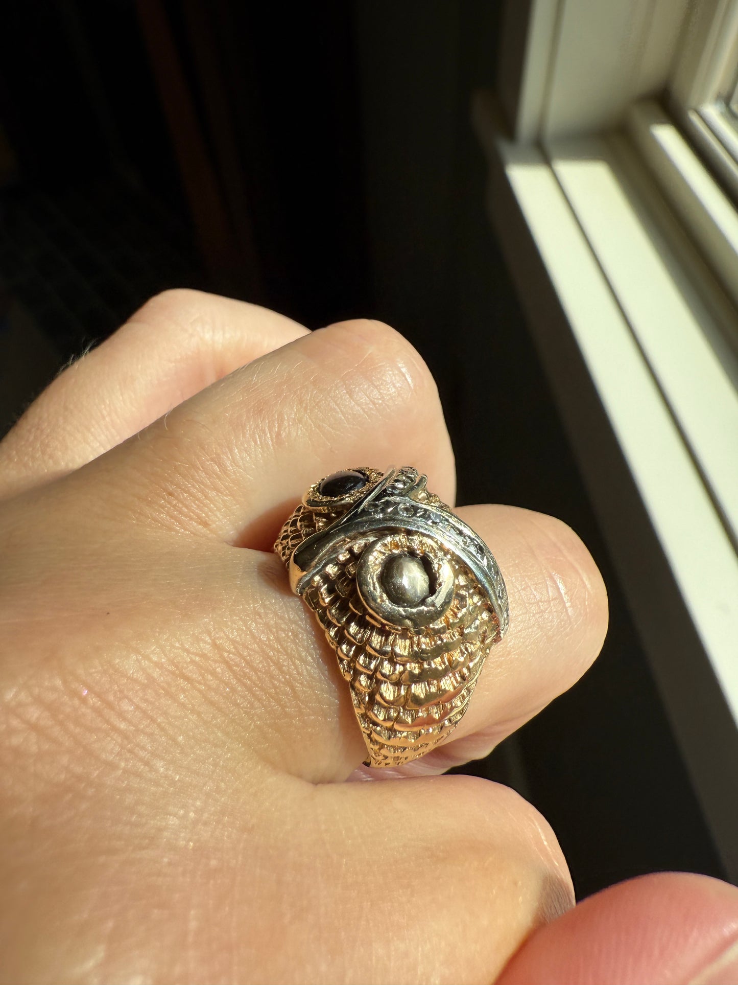 OWL Vintage Figural HEAVY 12.7g 14k Gold Ring Cat's Eye Gray Chrysoberyl Eyes Two Tone Diamond Accents Domed Chunky Unisex Statement Wisdom