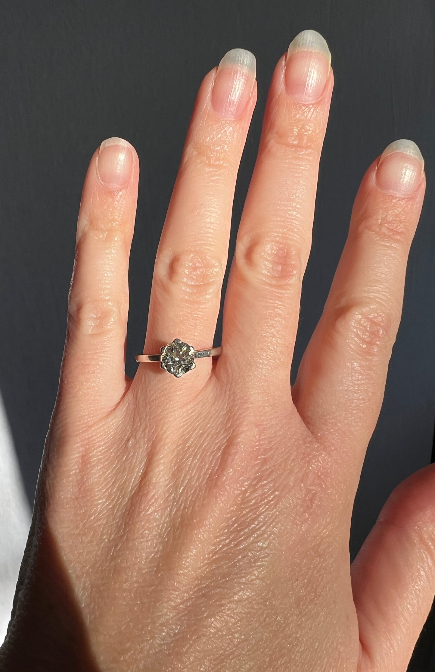 Antique 1 CARAT Old Mine Cut DIAMOND Solitaire Engagement Ring 18k White Gold PLATINUM French Art Deco Warm Very Pale Yellow Tall