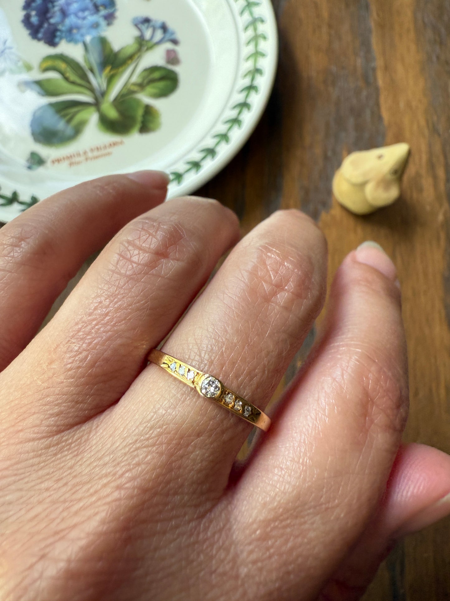 Bezel Set Vintage Skinny Band 18k Gold Solid Stacker Ring Geometric Single Cut Diamonds Seven Stone Skinniest Dainty Minimalist