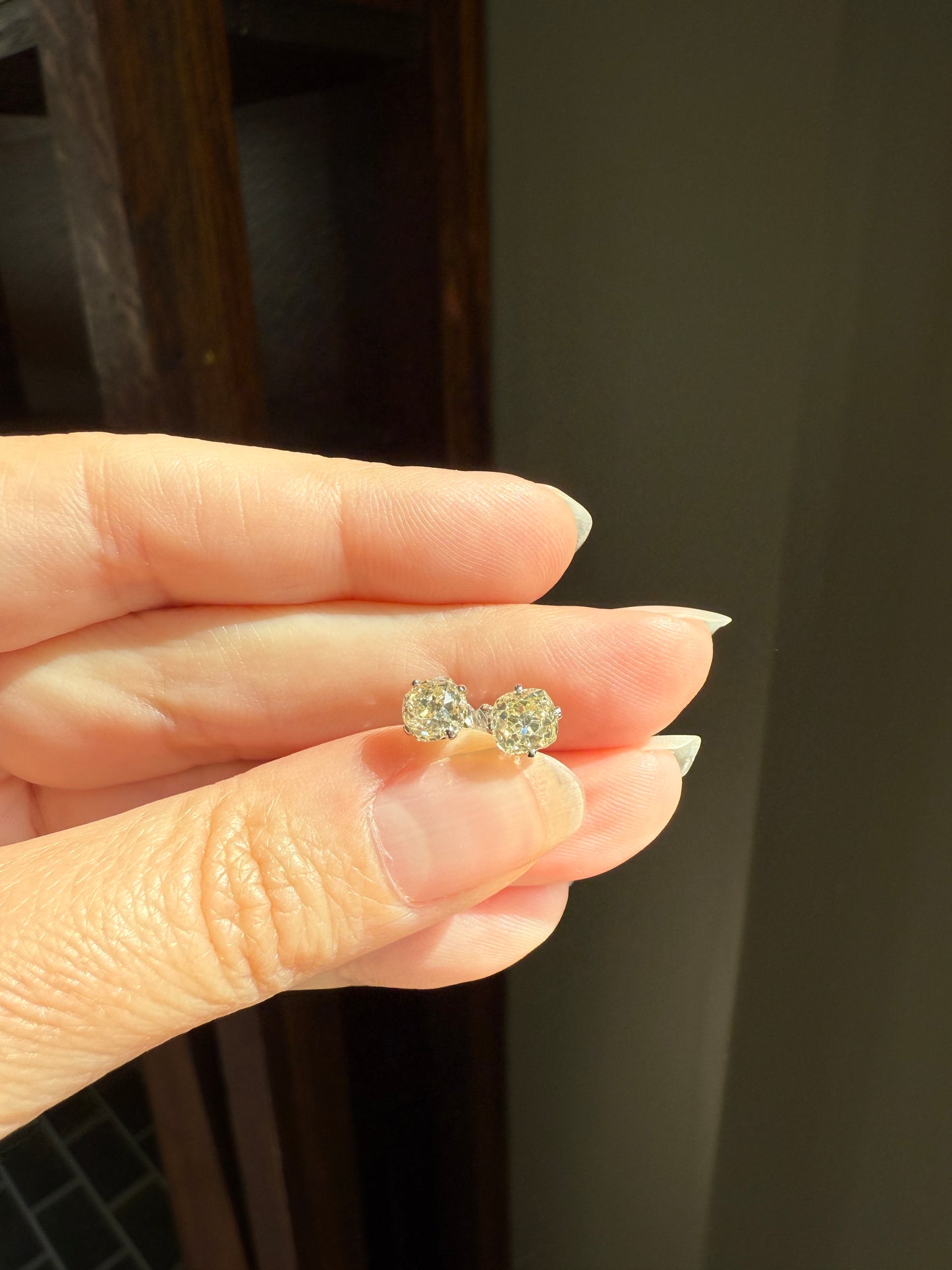 Old Mine Cut 1.3 Carat Tdw DIAMOND Stud Earrings French 18k White GOLD Warm Chunky Antique Stones Later Prong Set