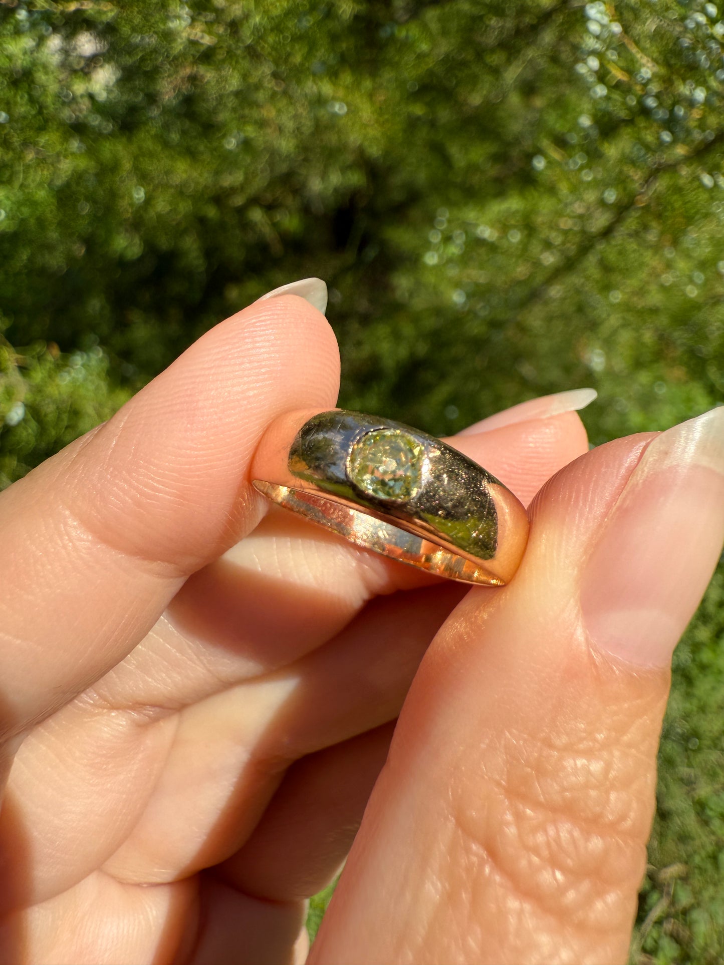 Antique Eye Clean .3 Carat Fancy Light Greenish YELLOW Old Mine Cut DIAMOND Solitaire Gypsy Ring 18k Rosy Gold Chunky Band Gift Stacker Unisex OMC
