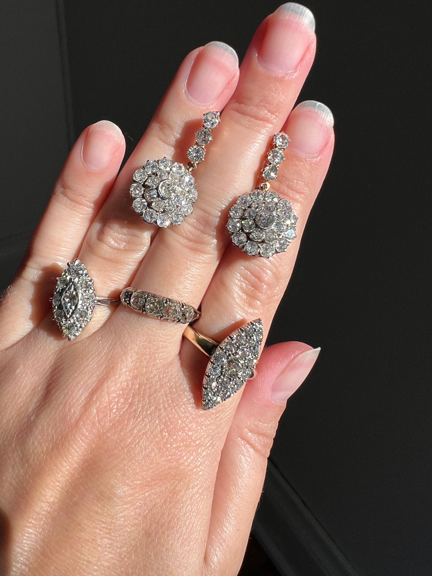 XL Antique 4 1/3 Carat Old Mine DIAMOND Cluster Dangle Earrings 18k Gold ViCTORIAN Bullseye Halo Drops