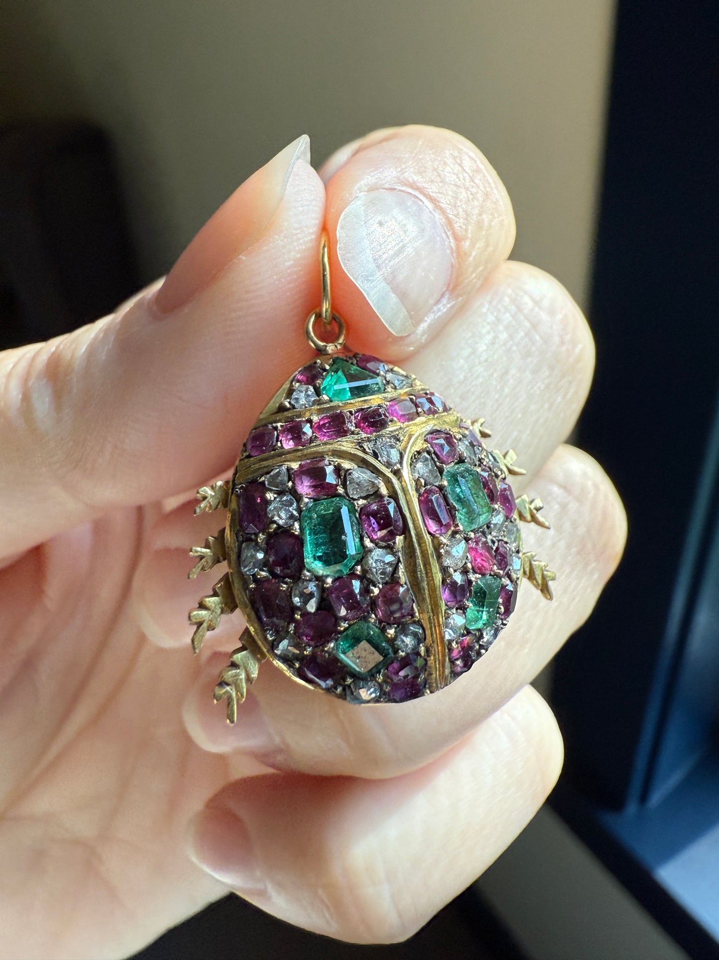 LADYBUG Large Antique Beetle Scarab Ruby Diamond Emerald Encrusted 14k Gold 3D Figural Pendant Domed Colorful Chunky
