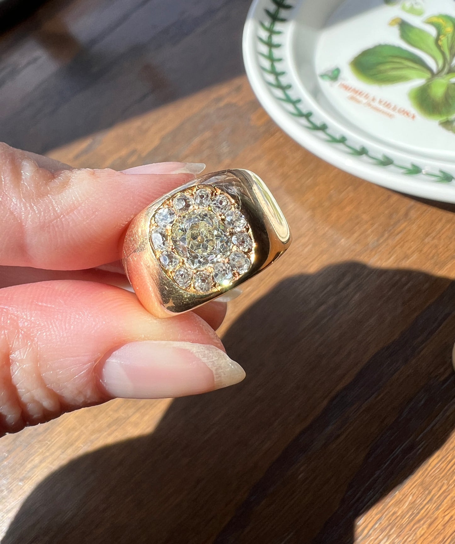 ANTIQUE 1 1/4 Carat Eye Clean Old Mine Cut DIAMONDS Chunky 18k Gold 12mm Wide Cigar Band Cluster Halo Ring French Cobblestone