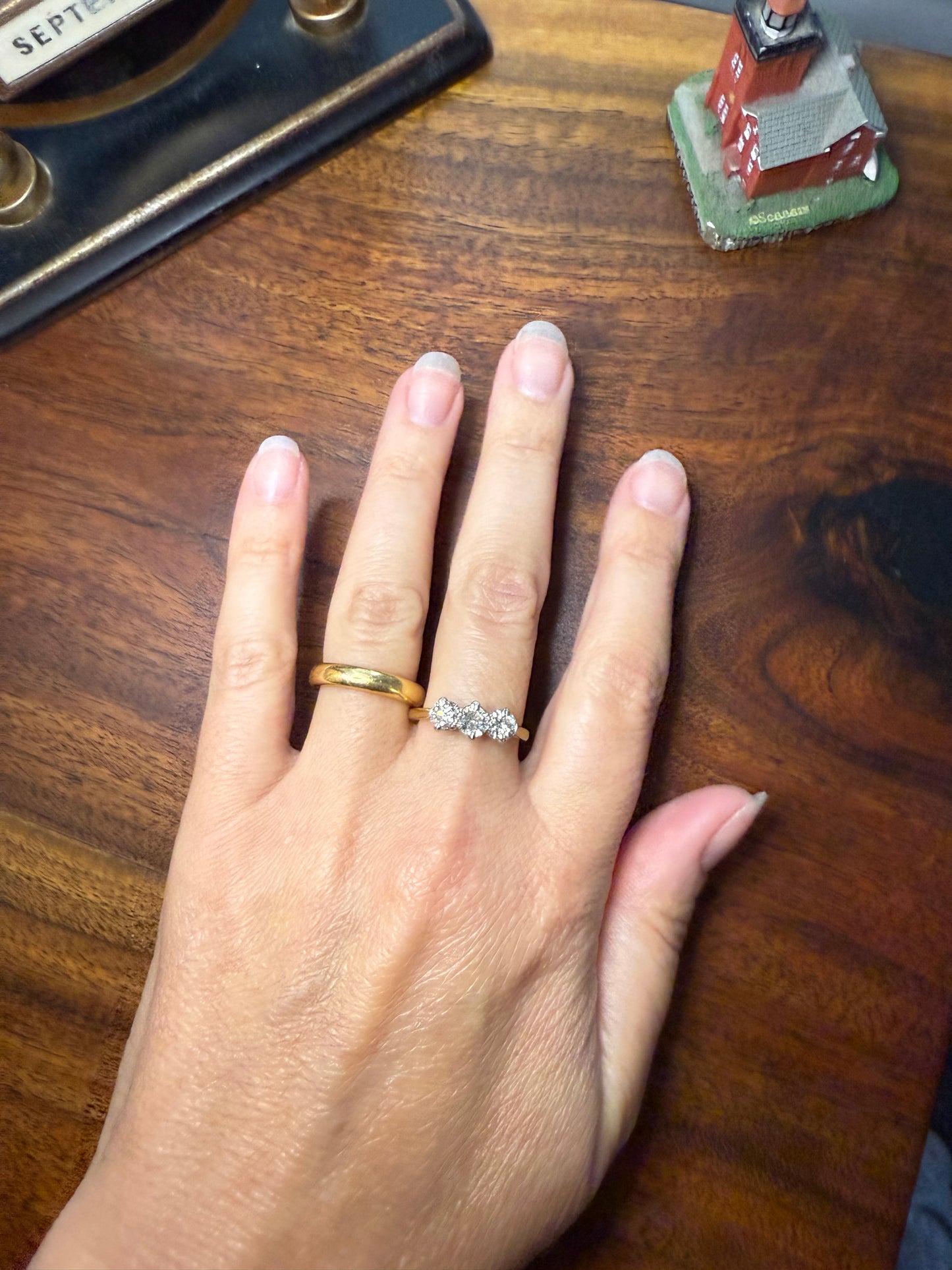 Antique One Carat Transitional Cut DIAMOND Three Stone Ring Prong Set Stacker Trilogy 18k Gold Platinum