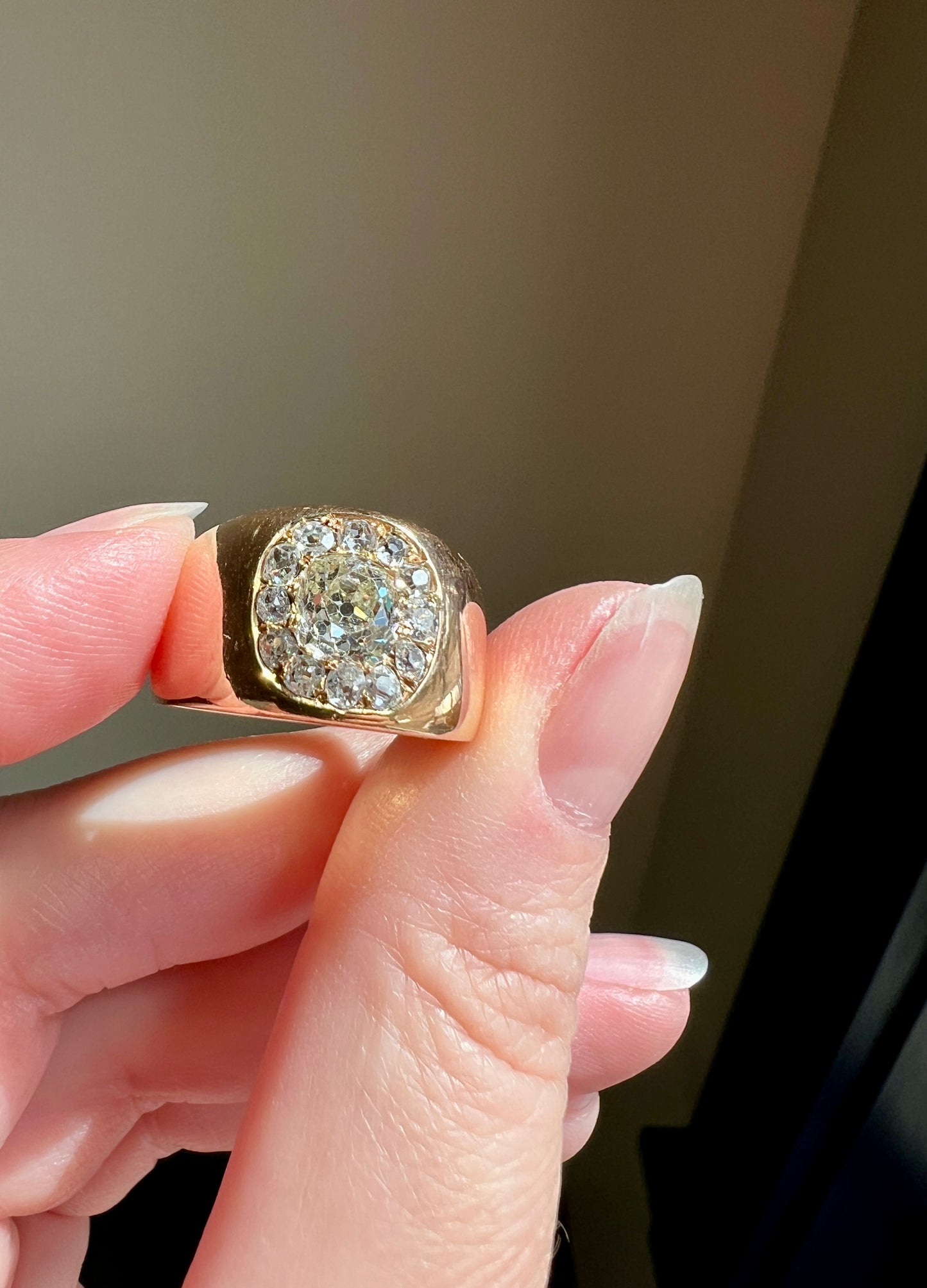 ANTIQUE 1 1/4 Carat Eye Clean Old Mine Cut DIAMONDS Chunky 18k Gold 12mm Wide Cigar Band Cluster Halo Ring French Cobblestone