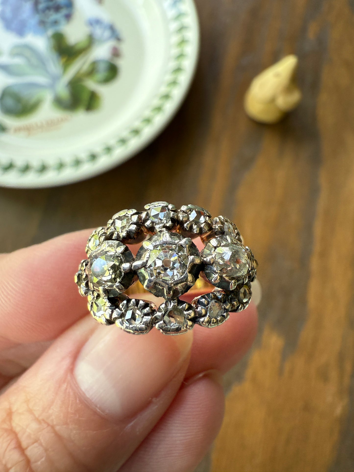 GEORGIAN Era Antique 1.5 Carat Spanish Iberian Triple Row Old Mine Rose Cut Diamond Ring Engraved Band 18k Gold Silver Collet