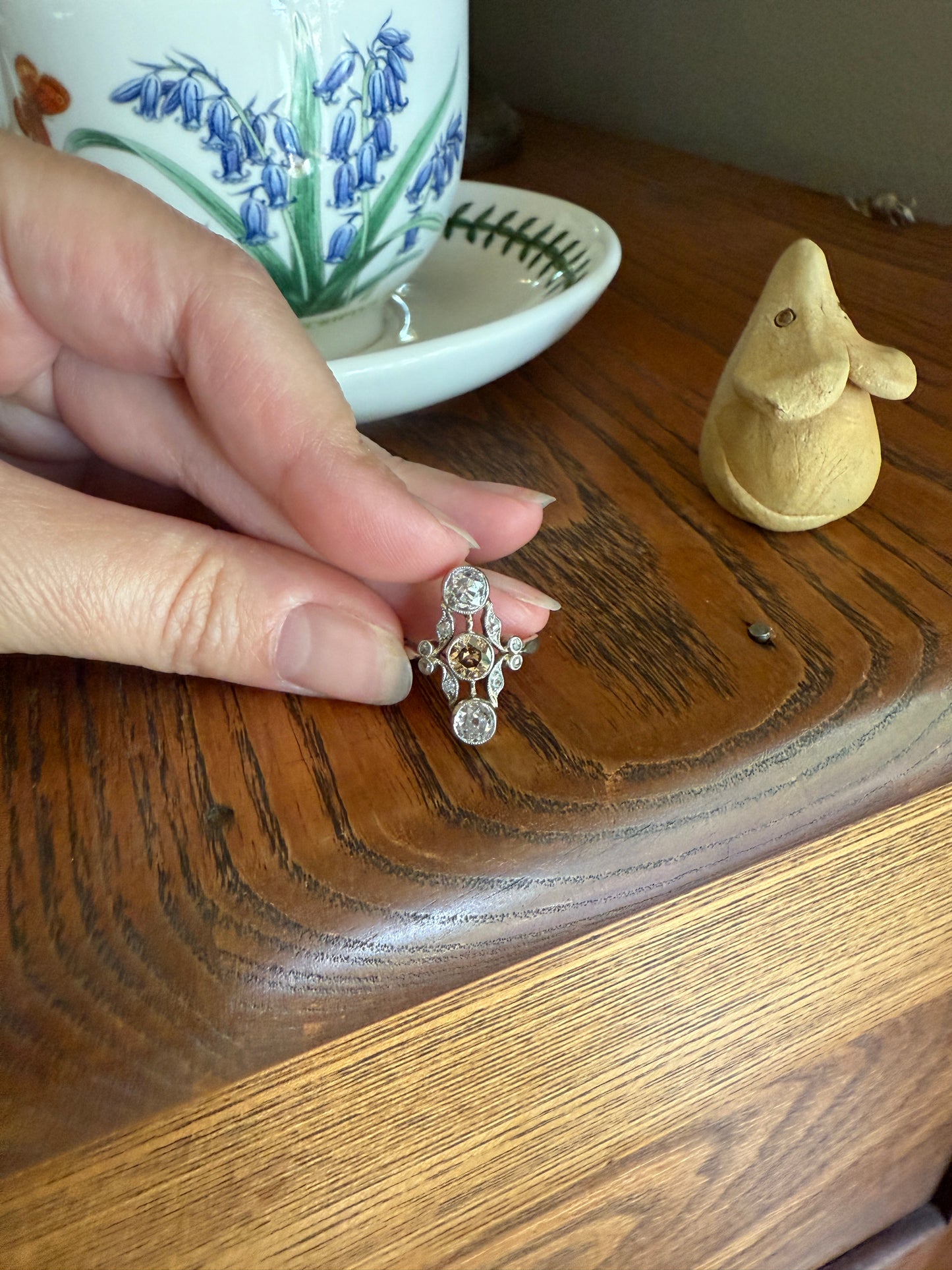 ORNATE Belle Epoque Antique 1.6 Carat Tdw Champagne Fancy Light Brown & White Three Stone Old Mine Cut Diamond Platinum Navette Ring Oval Victorian French
