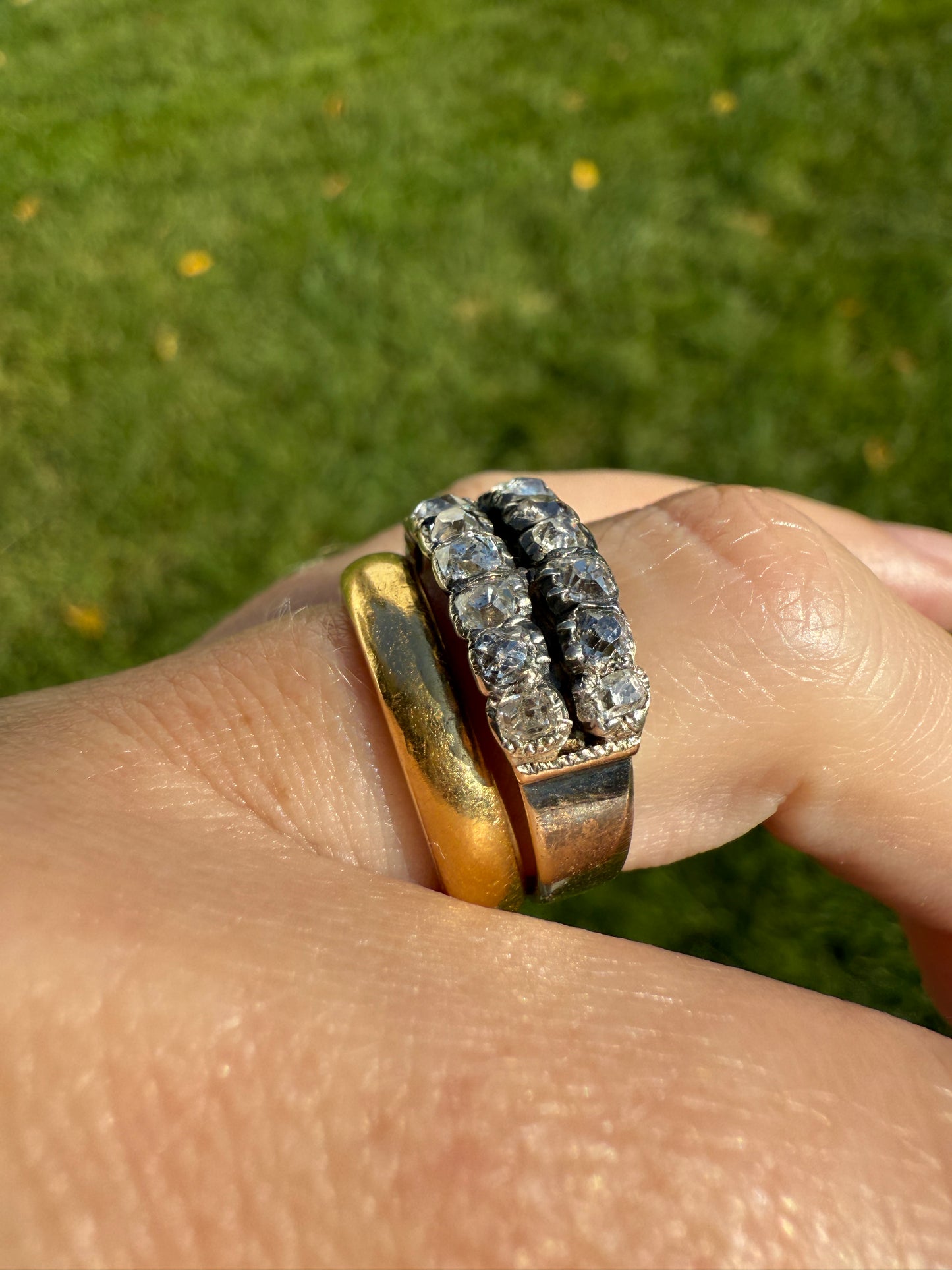 Antique 1.25 Carat Chunky Old Mine Cut DIAMOND Georgian 10k Gold Half Hoop Cigar Band Double Row Ring