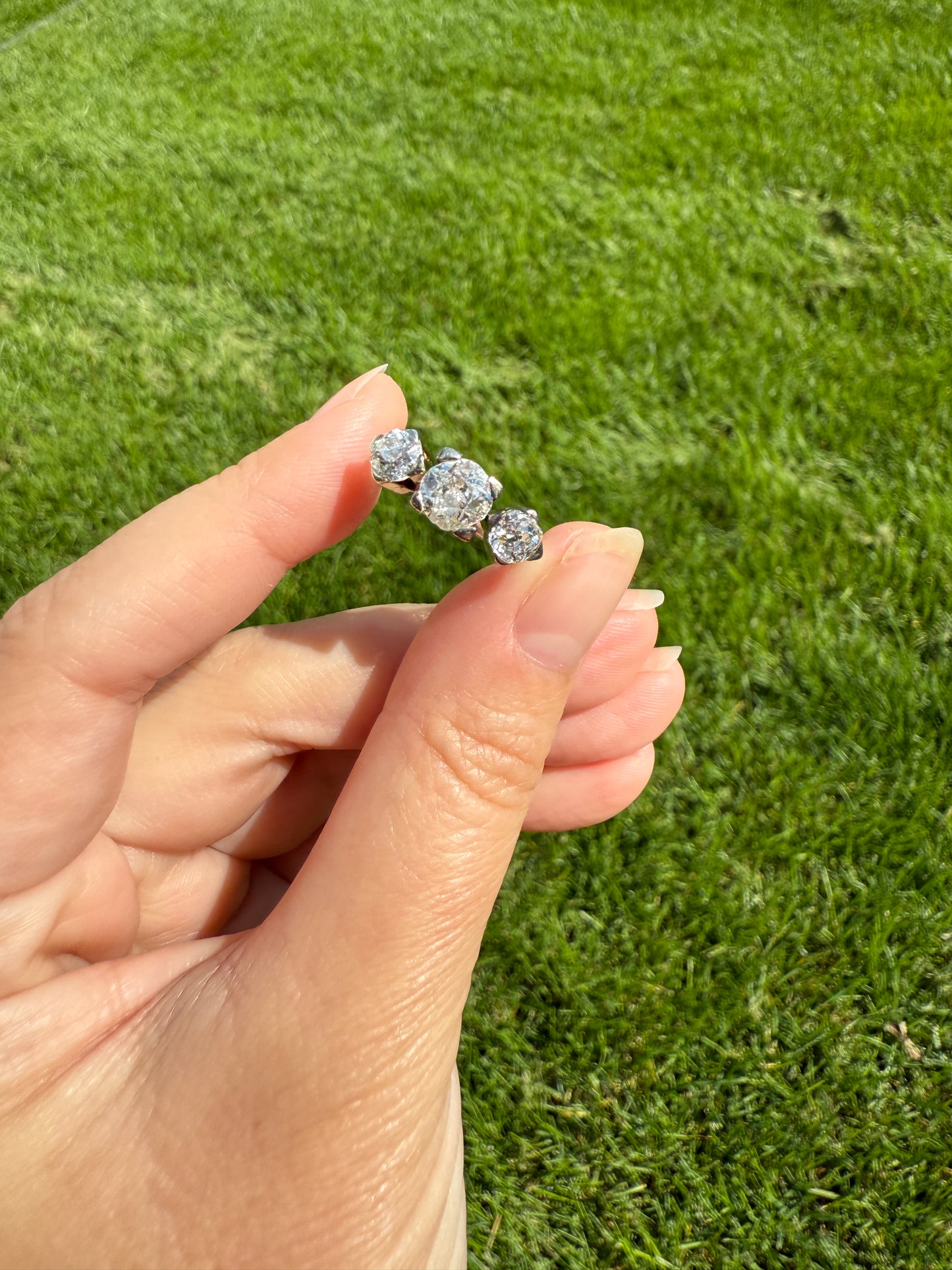 TALL Antique 2 CARATS Three Stone Chunky Old Mine Cut Diamond Ring 18k White Gold Art Deco