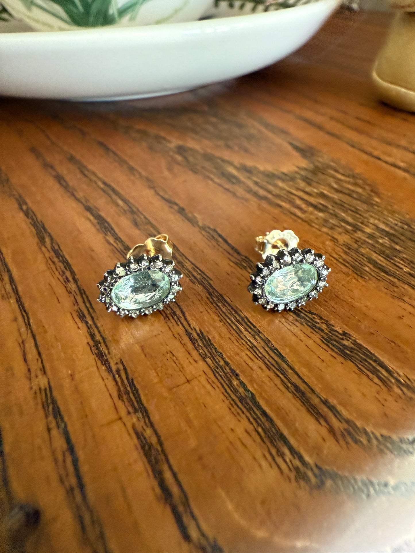 Antique Blue Green AQUAMARINE Rose Cut Diamond Halo STUD EARRINGS Georgian Victorian 18k 14k Gold